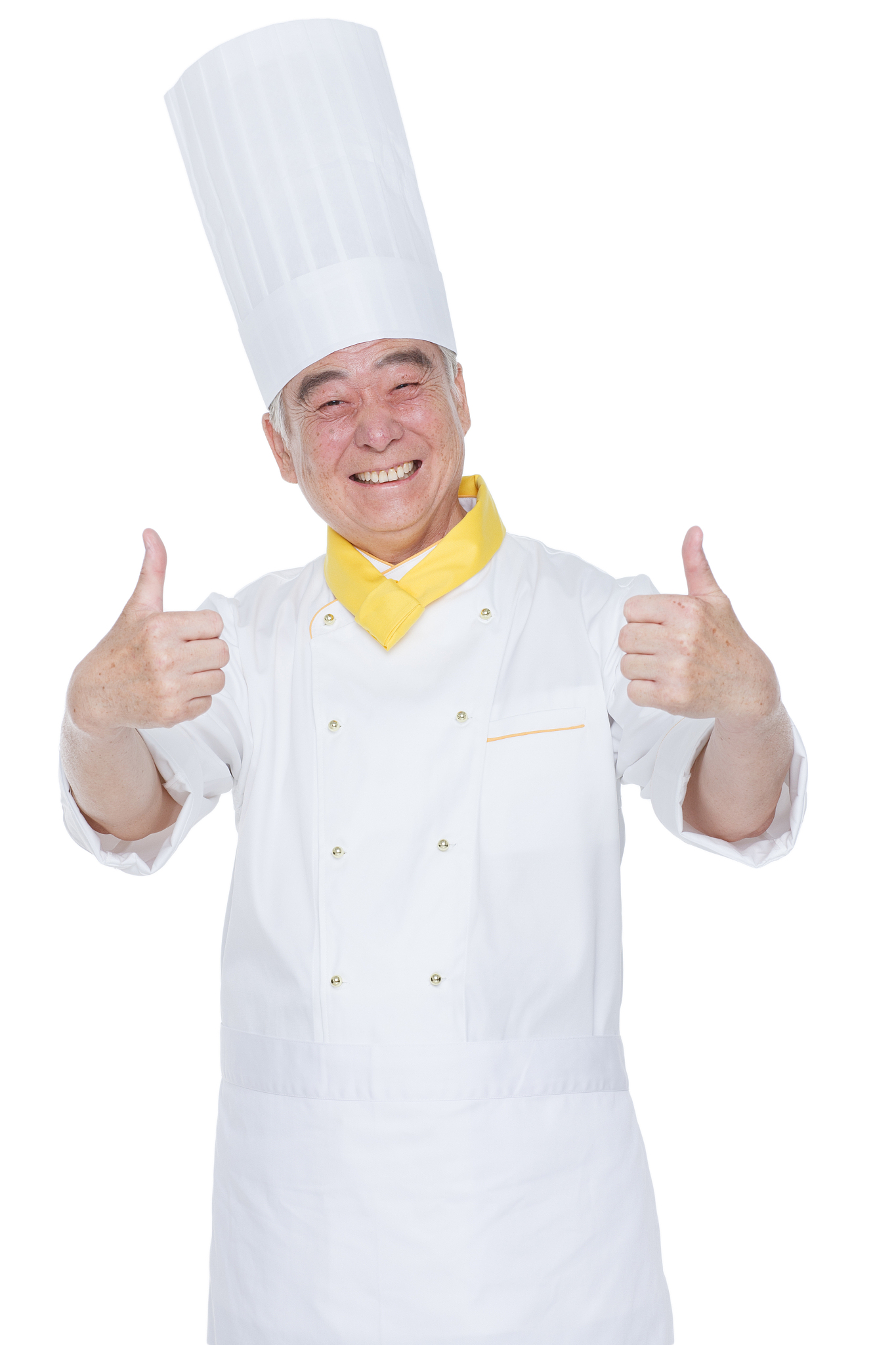 一个老年男人穿着厨师服翘起大拇指