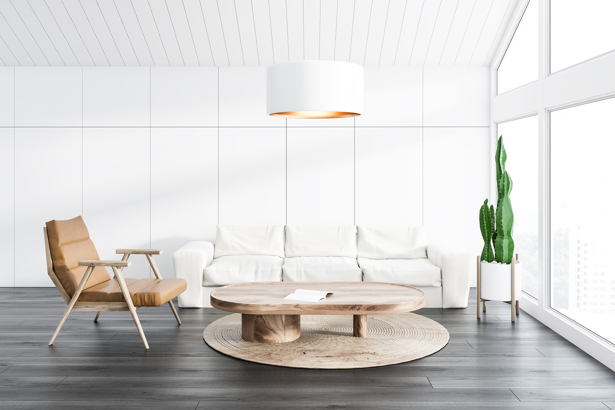 white attic living room, sofa and armchair