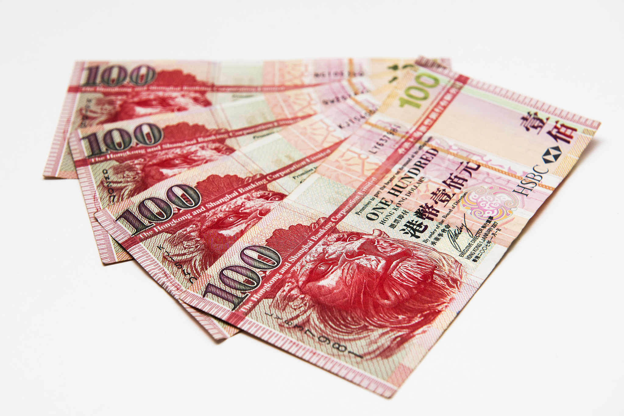 stacked of hong kong dollar 100 bills,close up