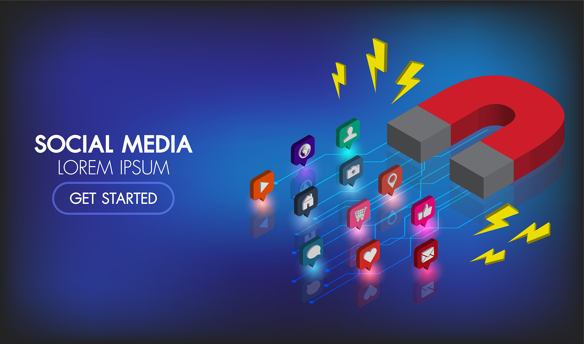 social media marketing isometric web banner.magnet marketing adv