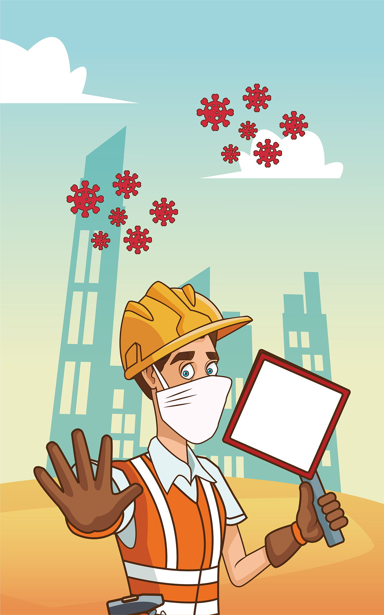 builder with signal using face mask for covid19