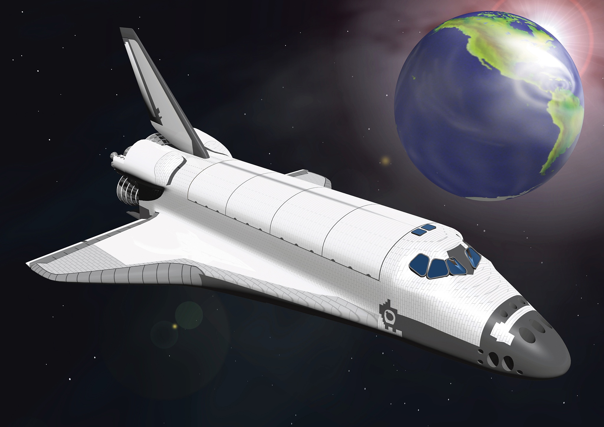 image of a space shuttle in space, the planet earth visible in t