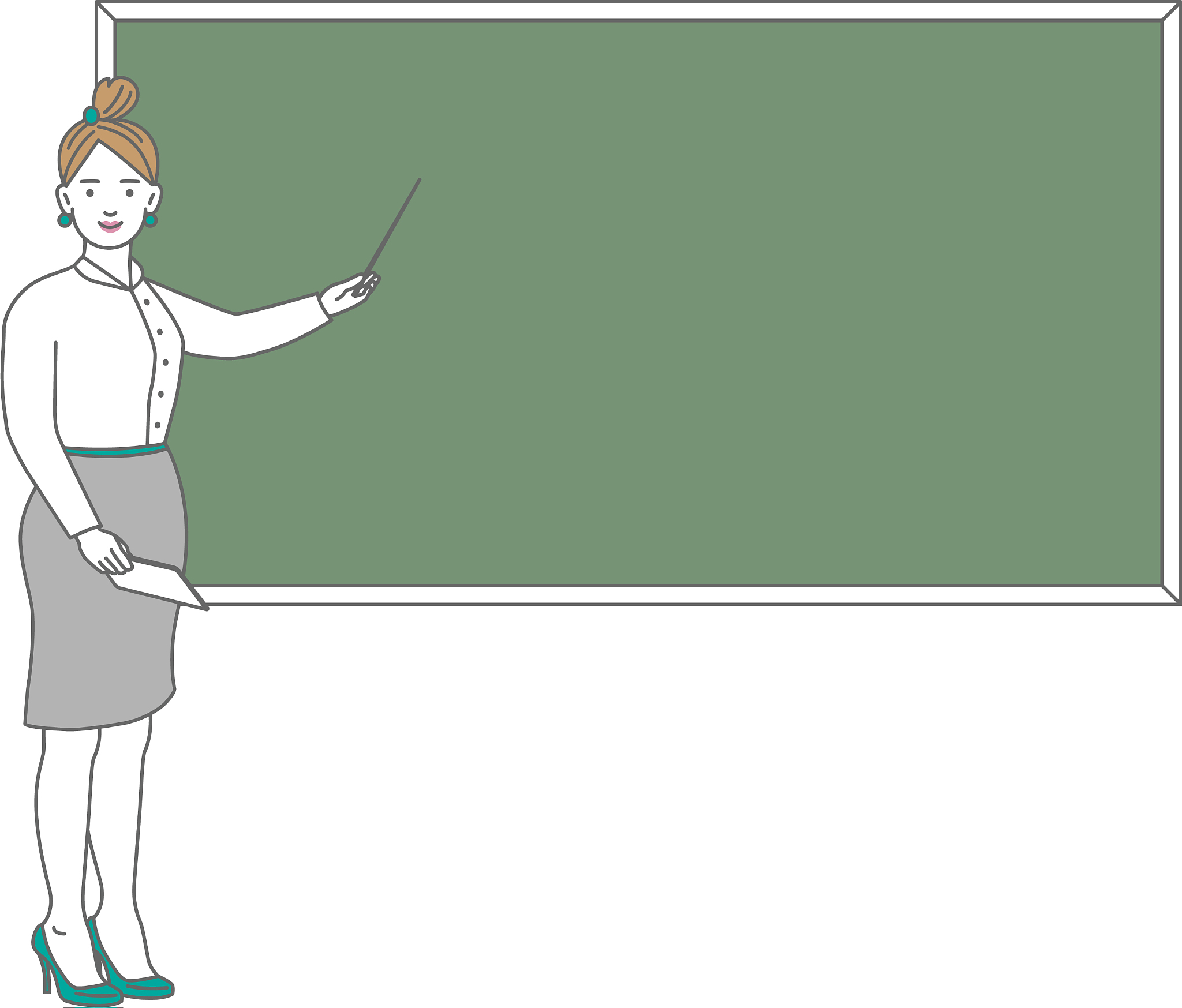 young female teacher on lesson at blackboard in