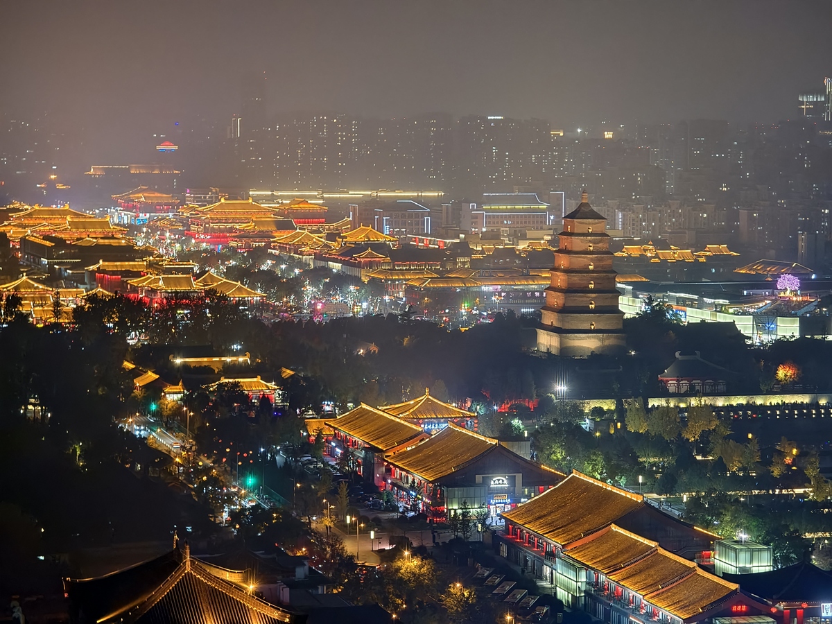 夜间城市景观,拥有灯火辉煌的传统建筑和城市中显眼的