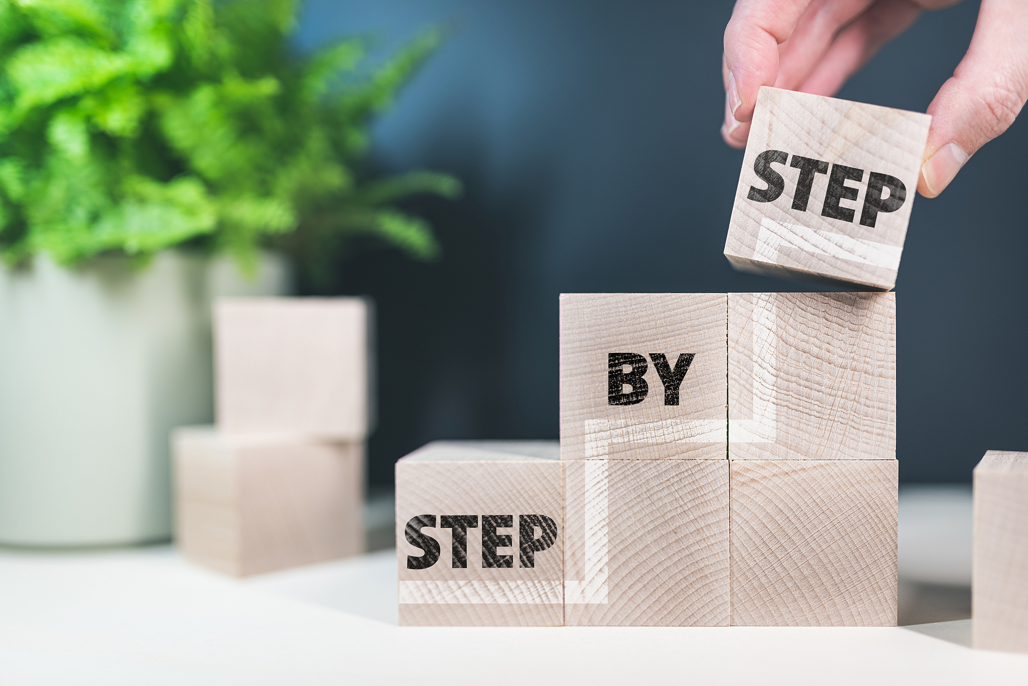 words step by step on wooden blocks