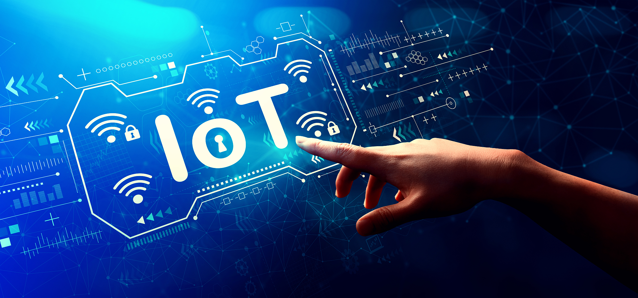 iot theme with hand pressing a button