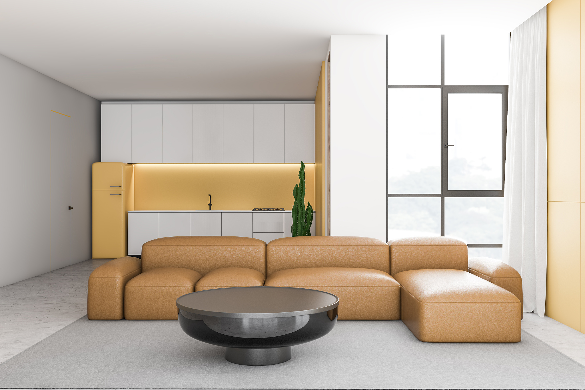 comfortable living room and kitchen interior