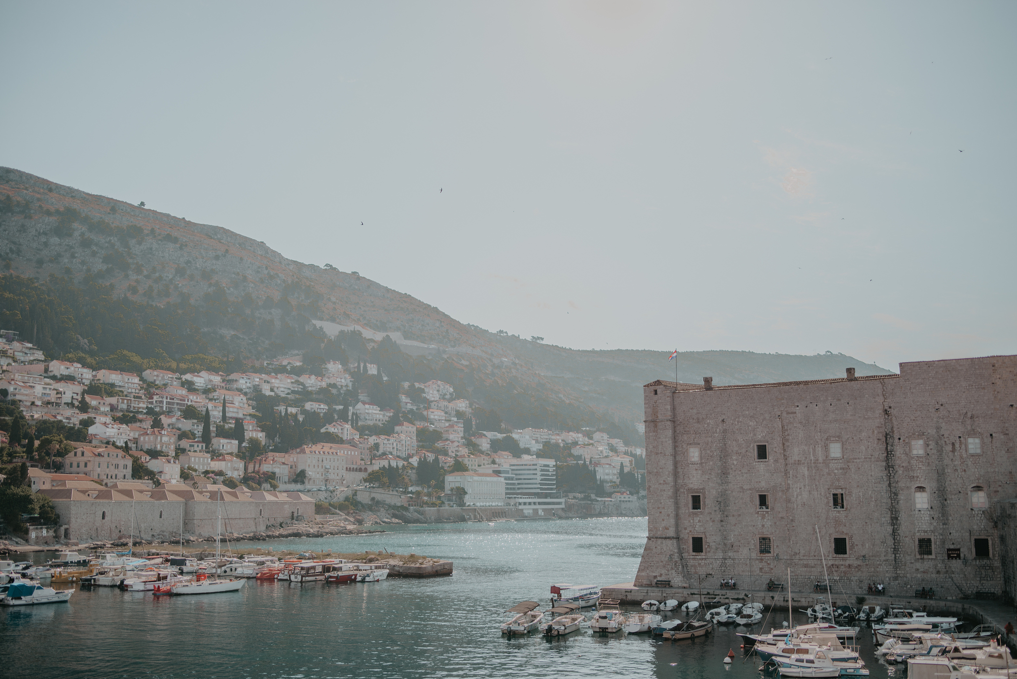 old city of dubrovnik with colorful boats, including city walls 
