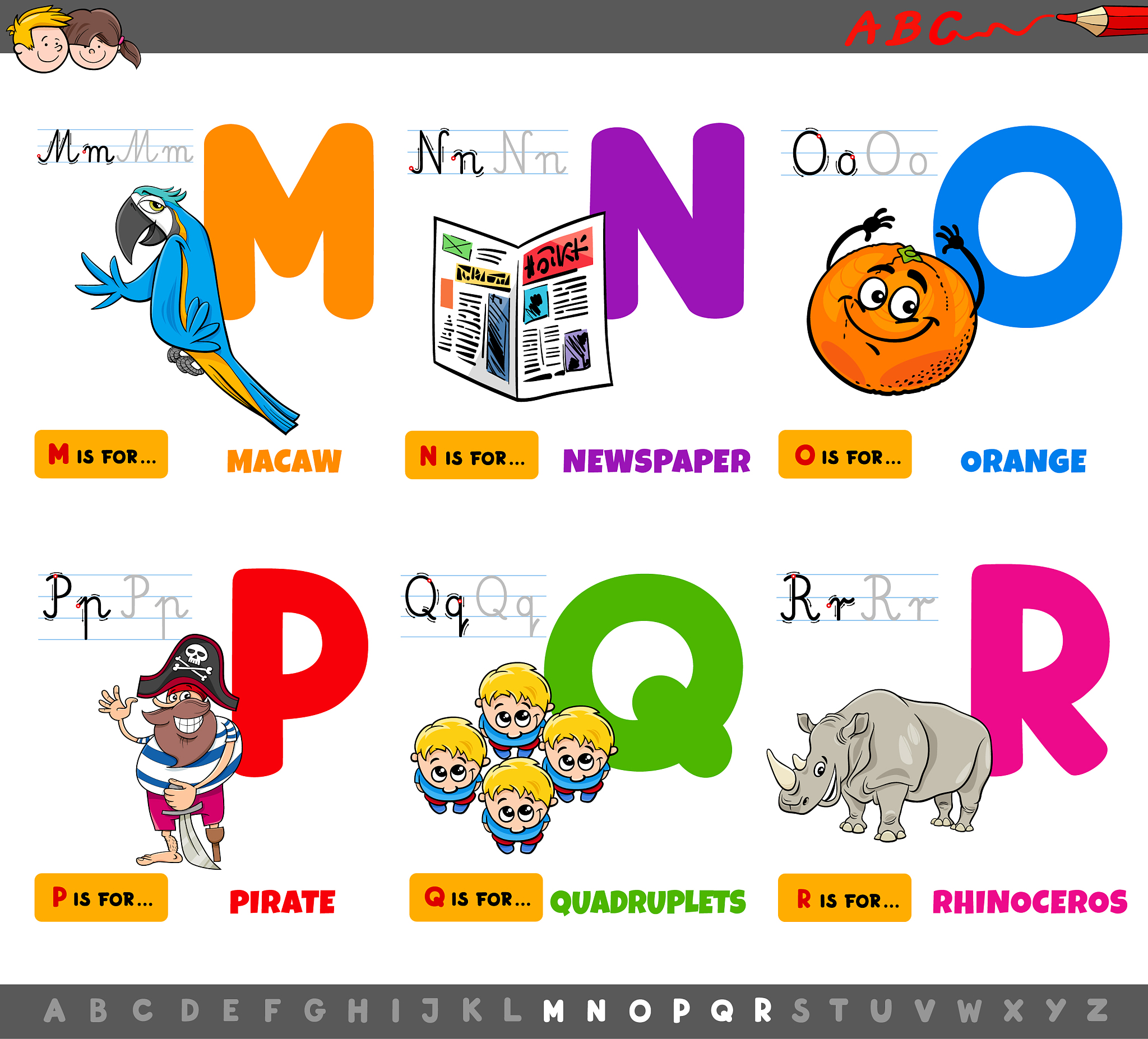 educational cartoon alphabet letters set from m