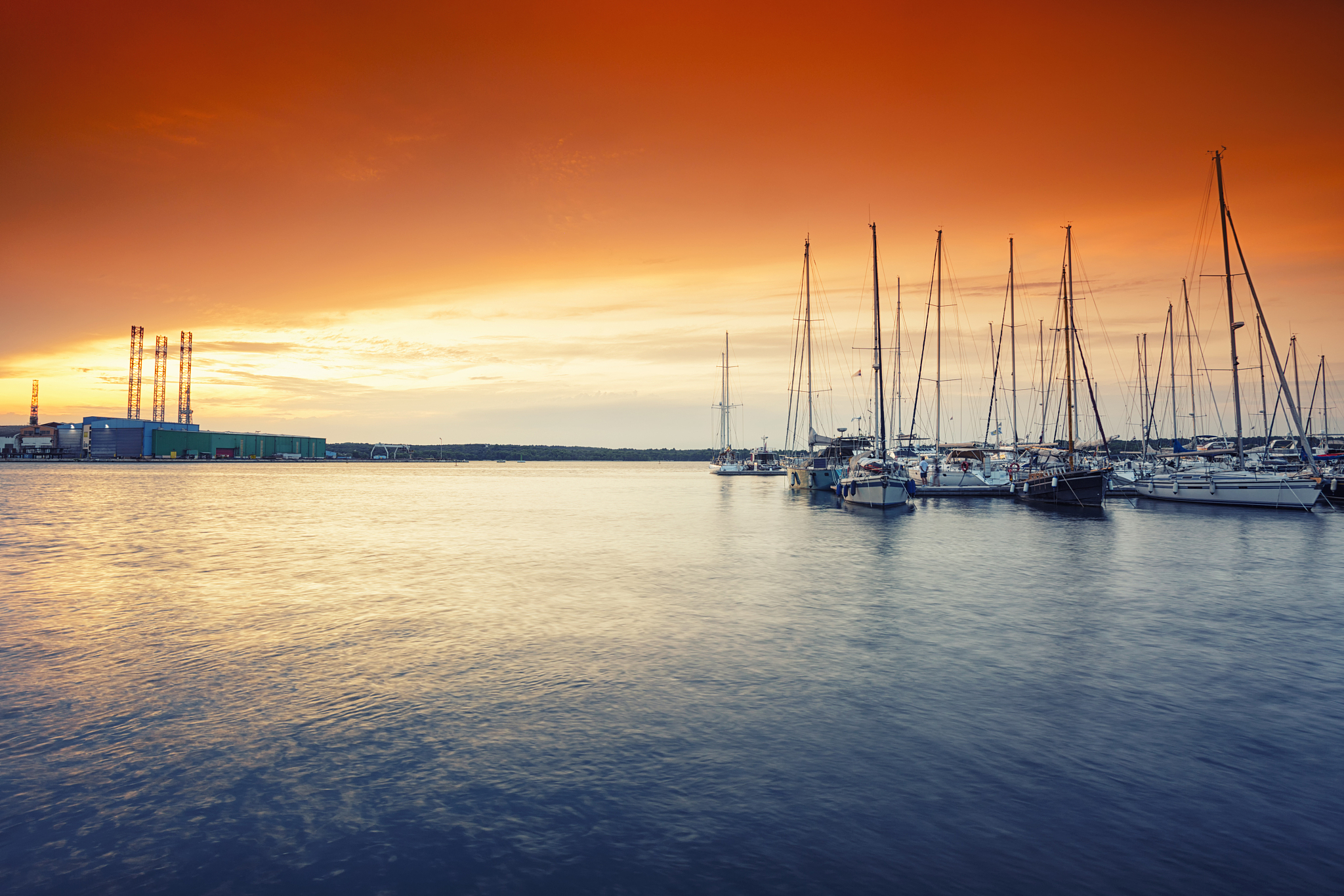 beautiful colorful morning sunlight over marina in pula, croatia