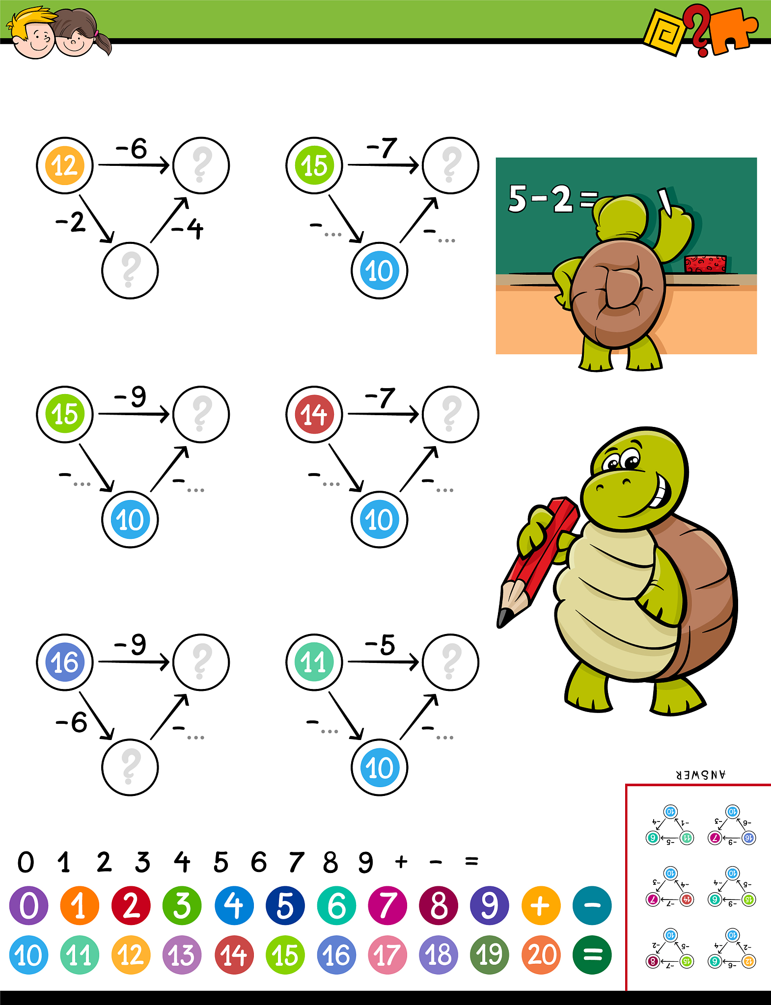 请帮我出100道小学一年级下册20以内的退位减法，每横排排列4道题目