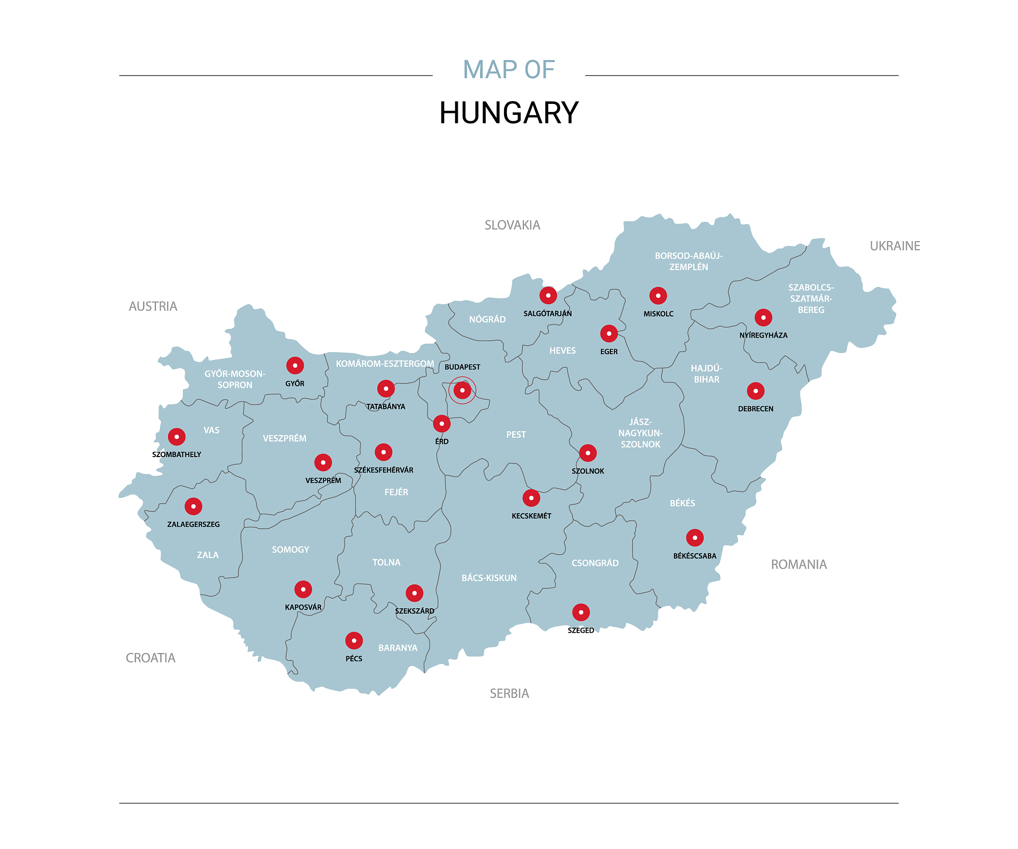 hungary map with red pin
