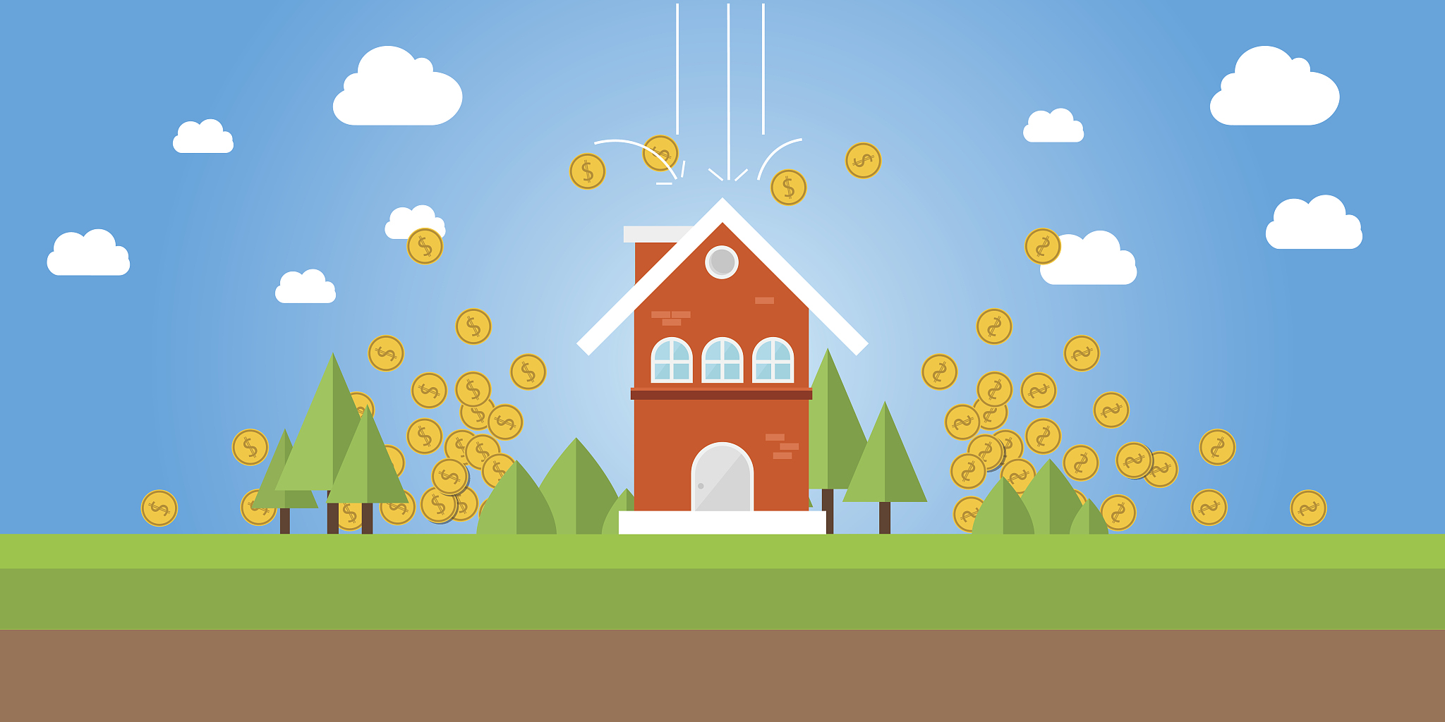 property value with gold coin money falling from sky
