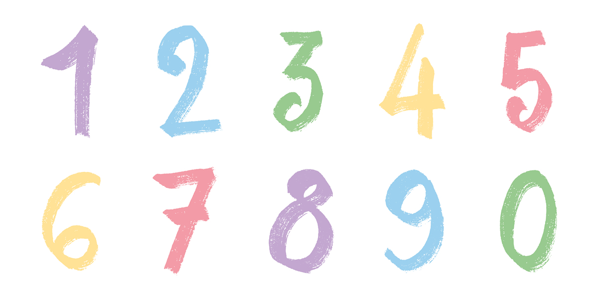 手绘彩色数字1 2 3 4 5 6 7 8 9 0 风格化的笔刷涂鸦 