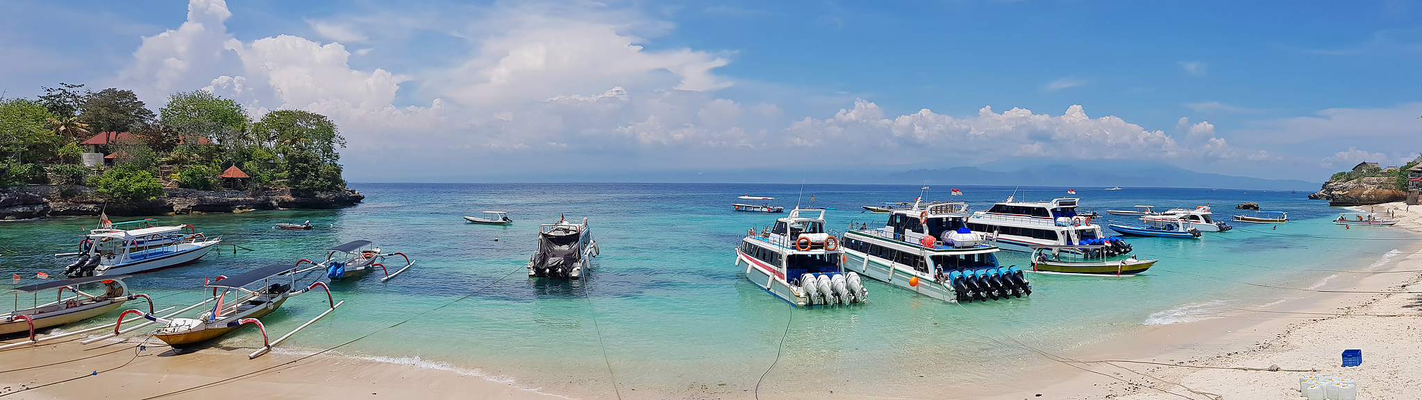 panorama from mushroom bay harbor at nusa lembongan bali indones
