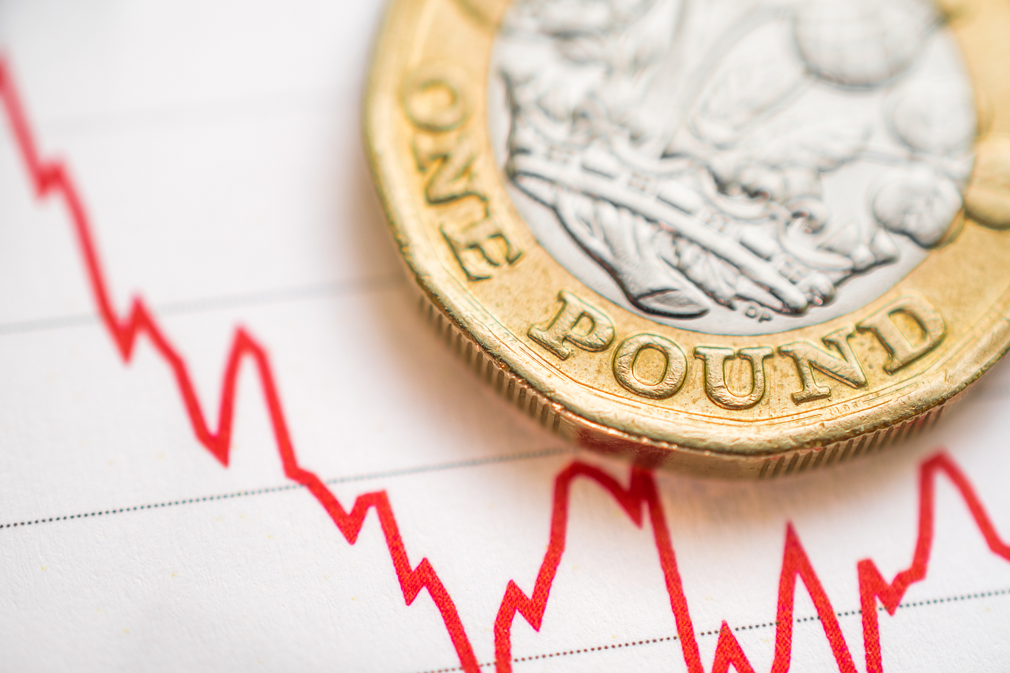 british pound exchange rate: british pound coin placed on a red 