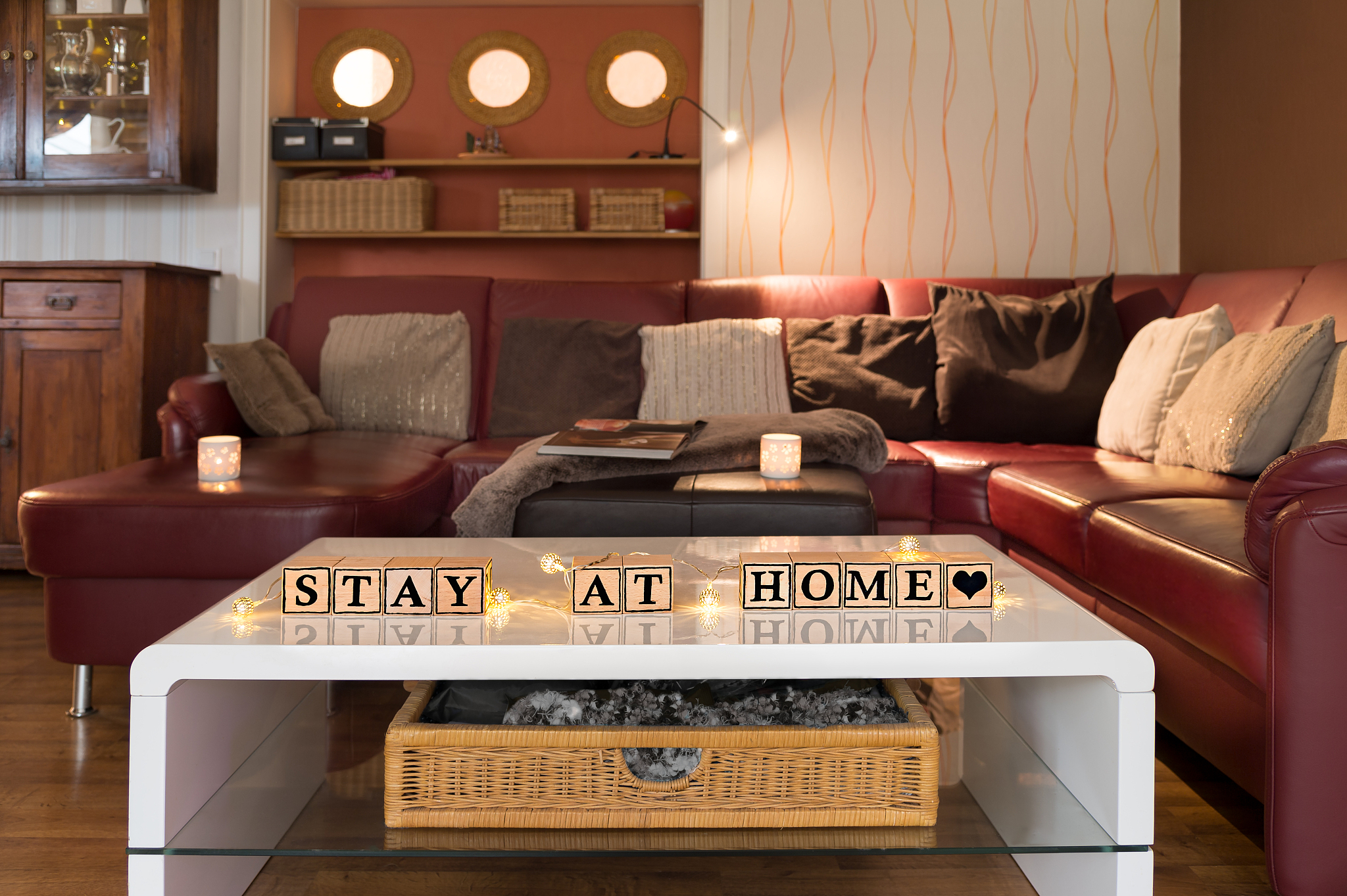 infection risk with corona virus. modern living room.  cubes for