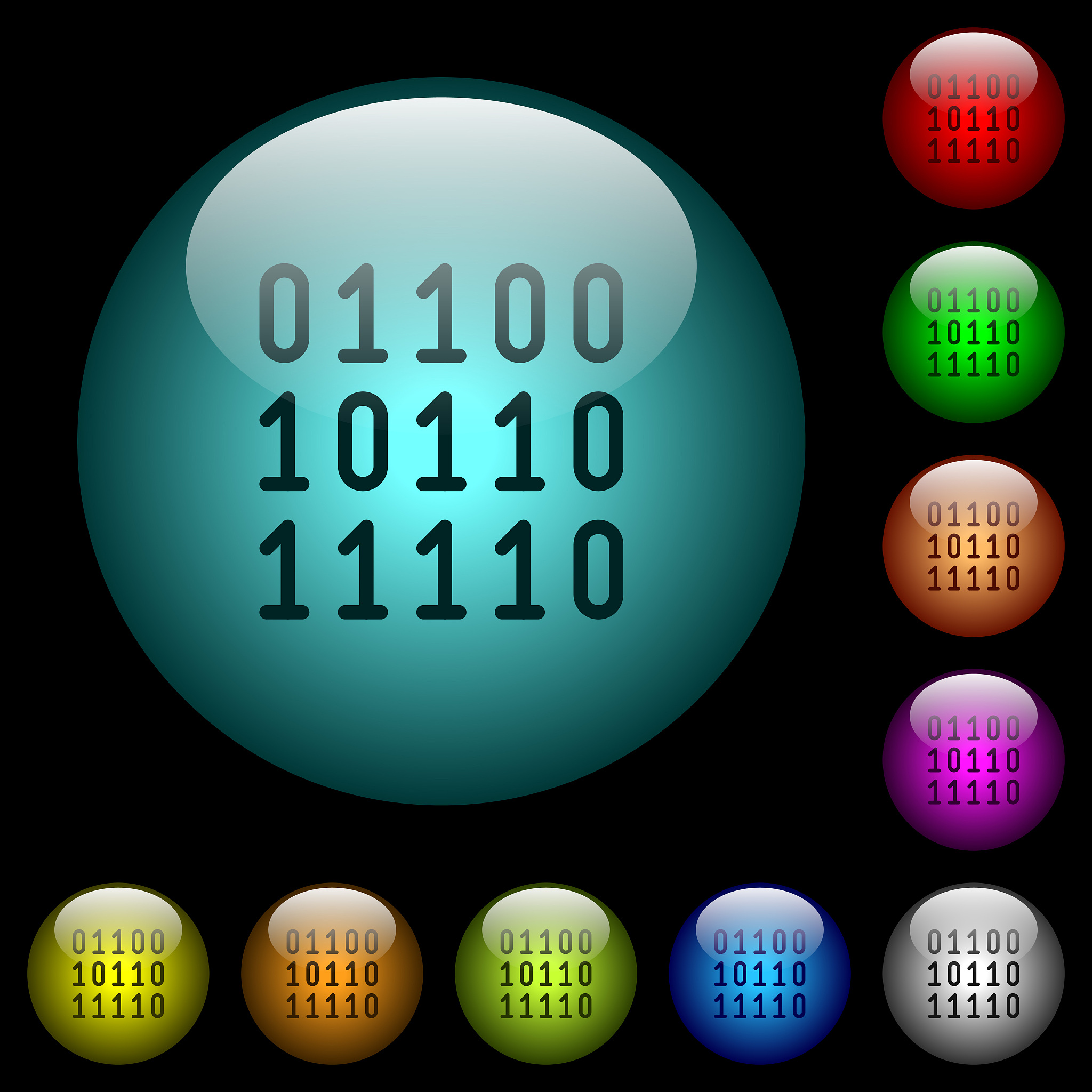 binary code icons in color illuminated glass buttons