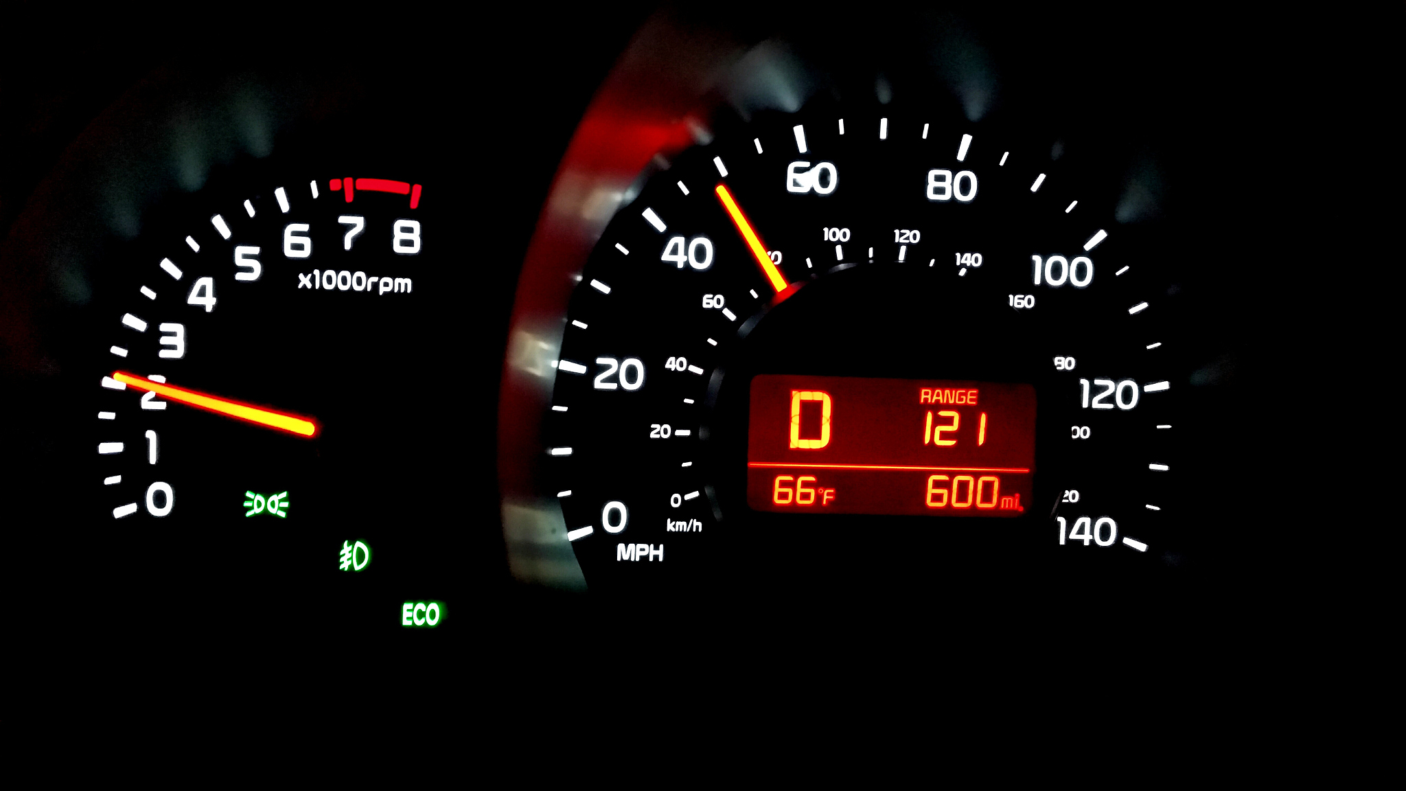 close-up of illuminated car speedometer