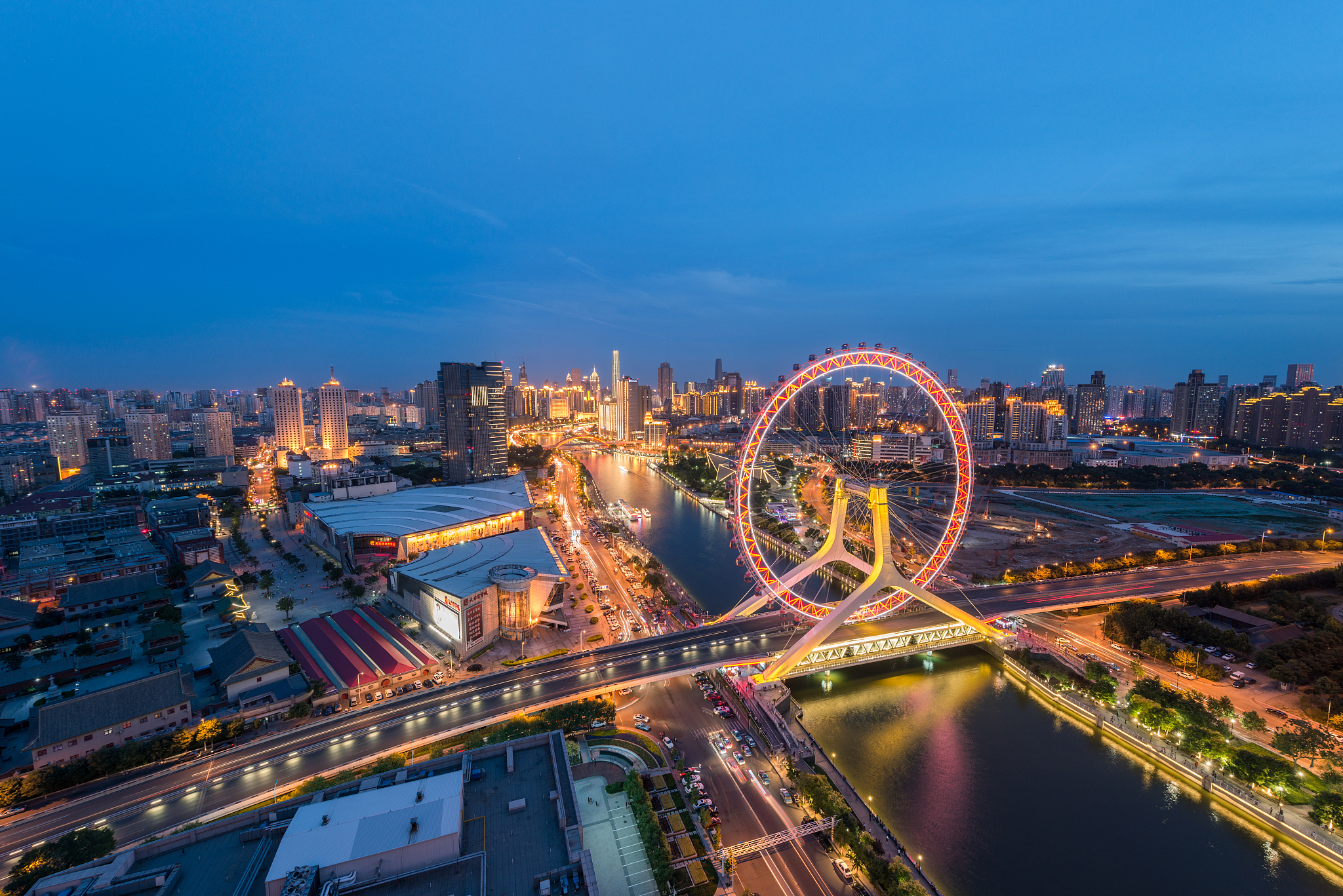 elevated view of tianjin skyline at dusk