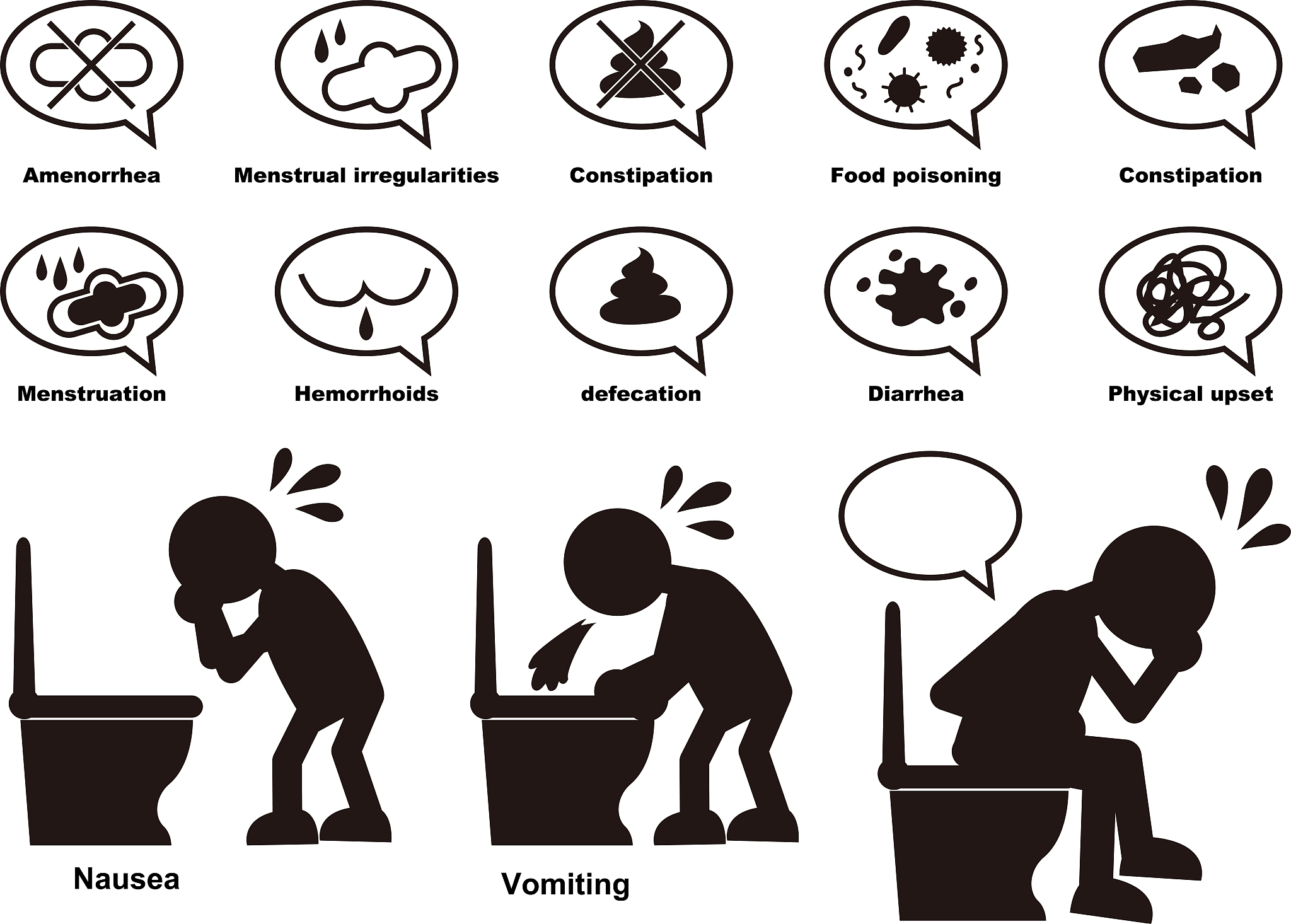 a set of cartoon silhouettes of troubles of menstruation and def