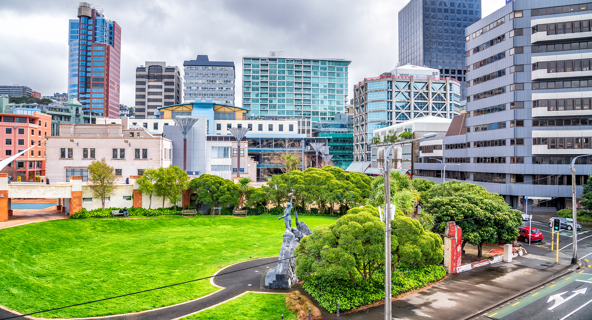 aerial view of city center on a cloudy day, wellington