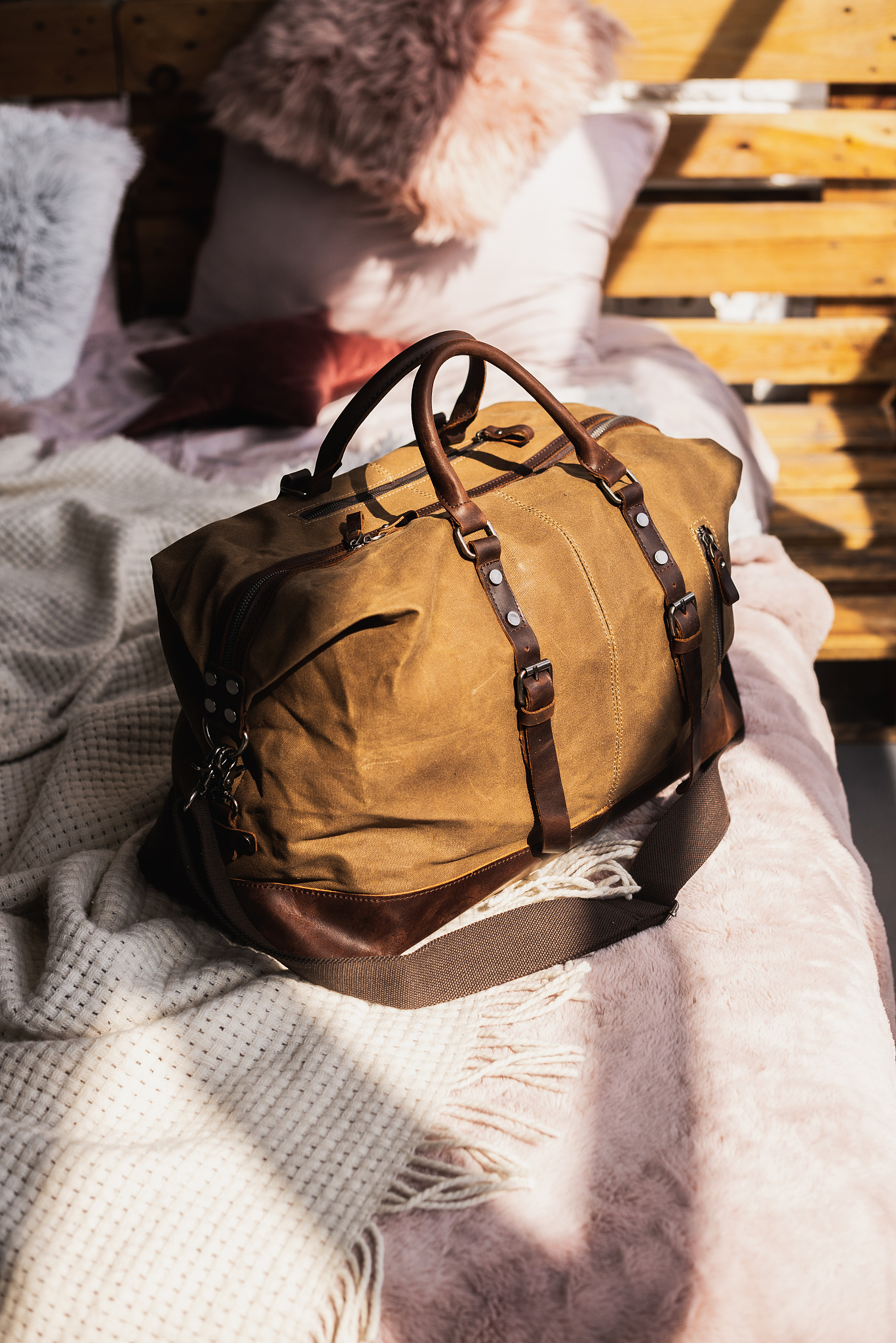 men accessory bag on floor. vintage canvas bag