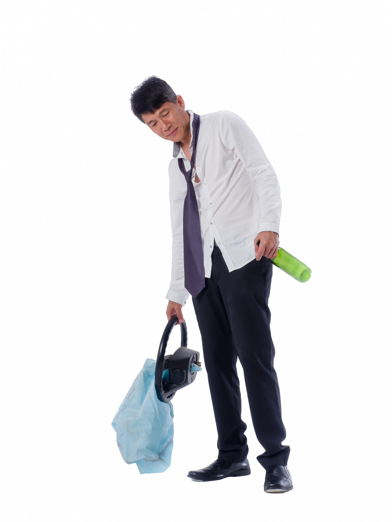 drunk business asia man wear black suit holding wine bottle and 