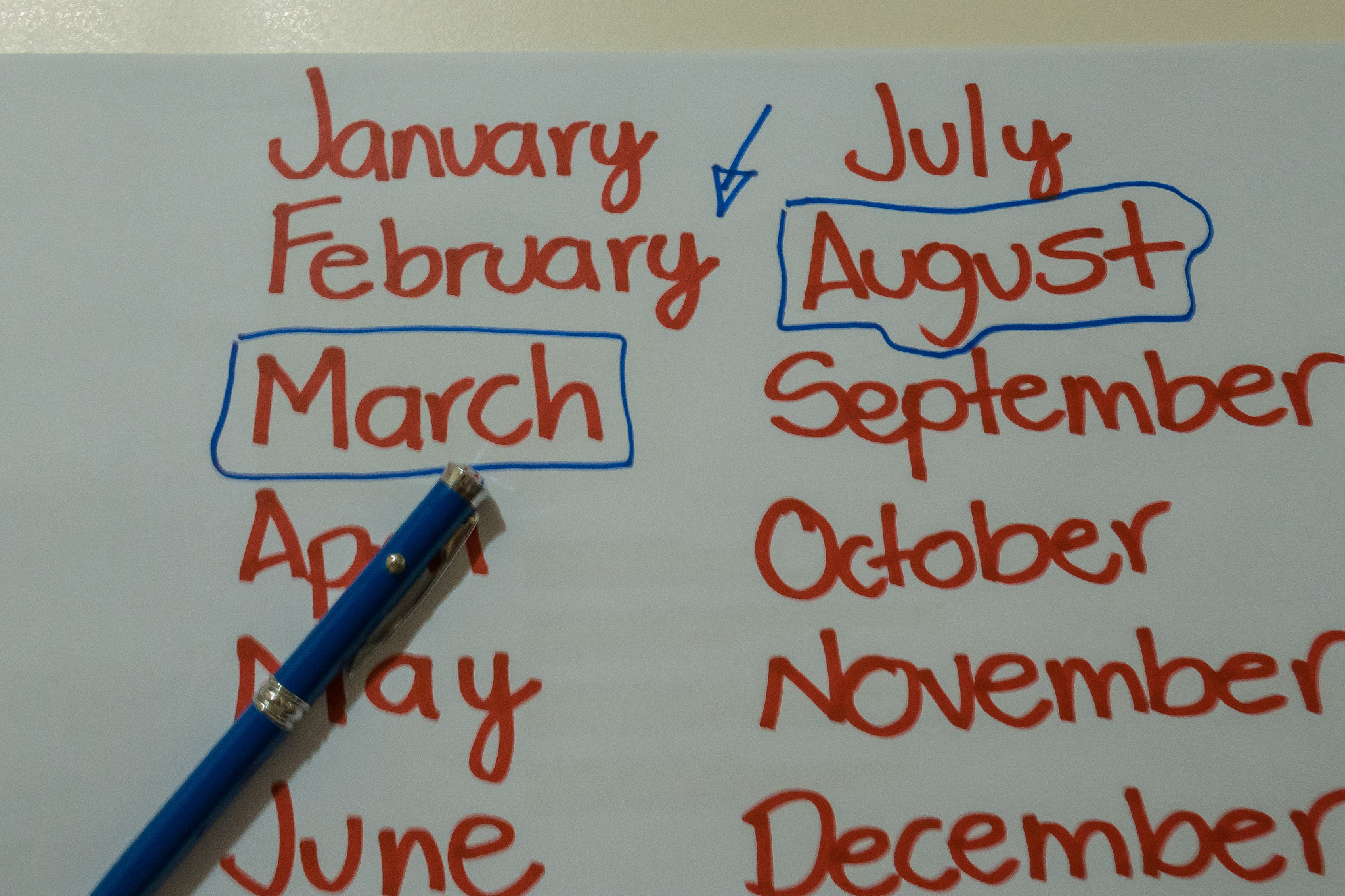 month planning with blue pen