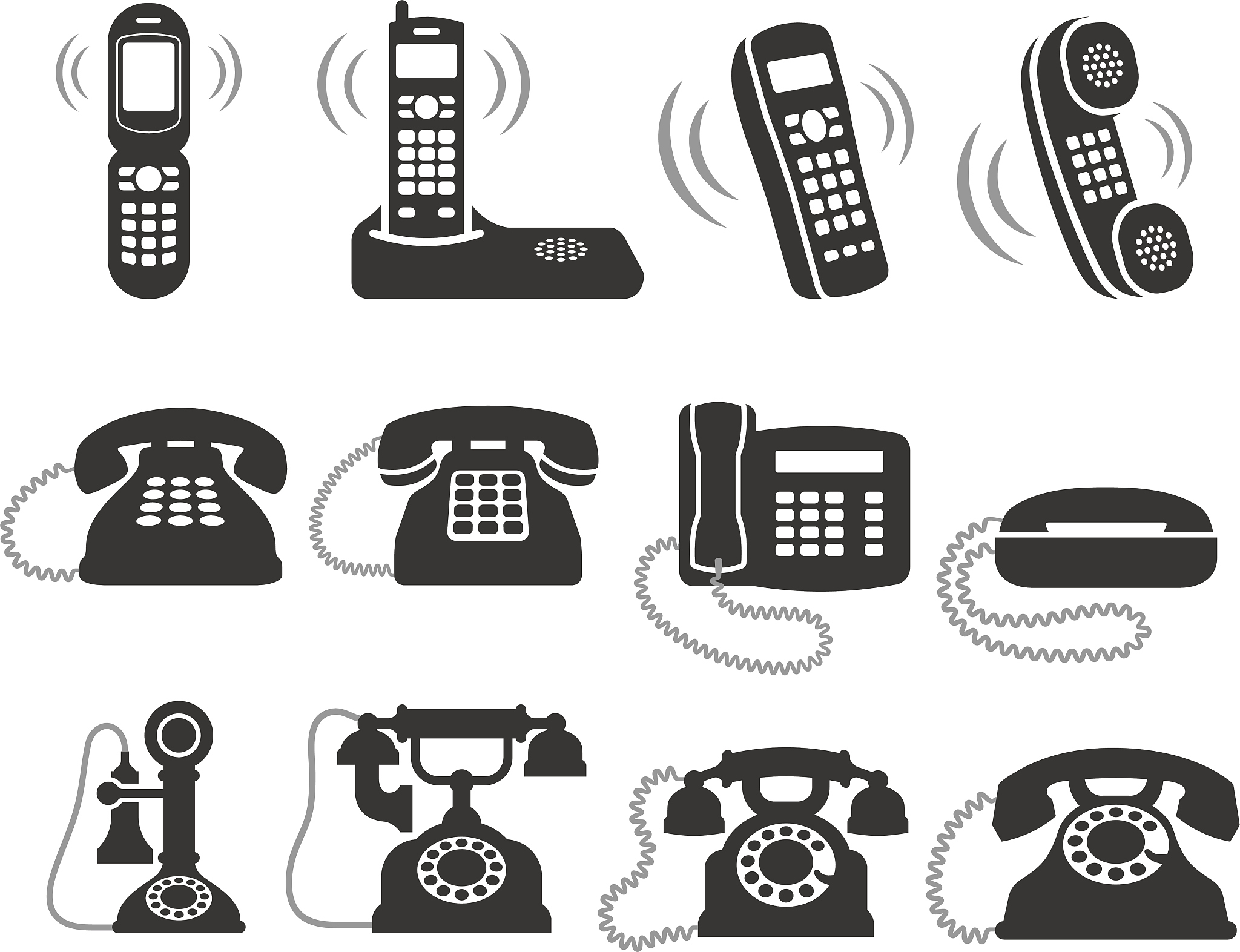 telephone black and white icon set