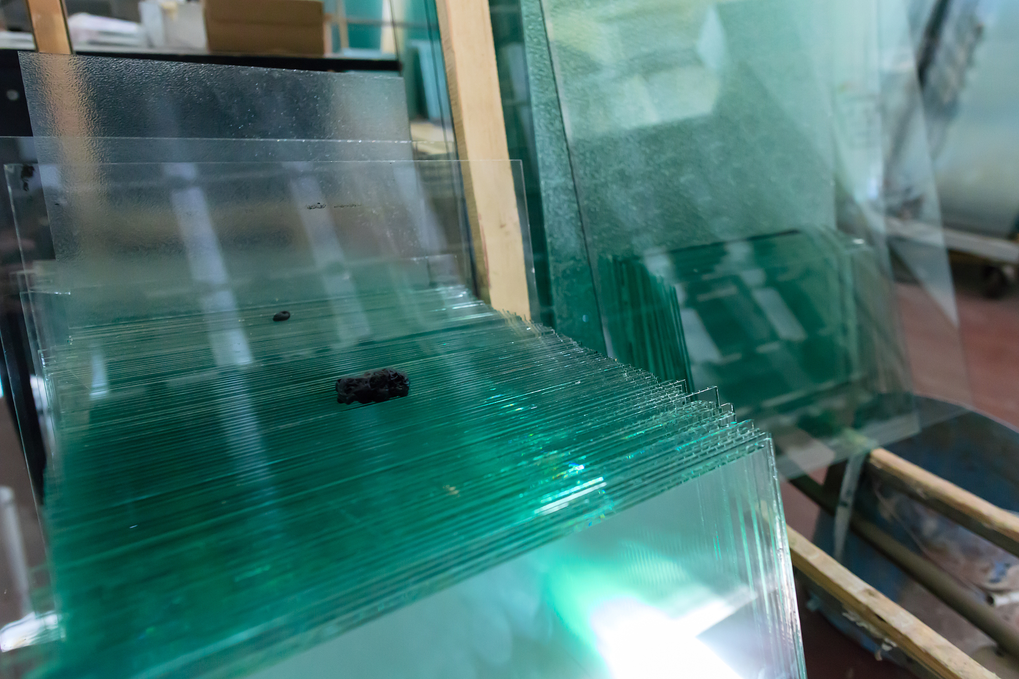 glasses in industrial glass processing workshop