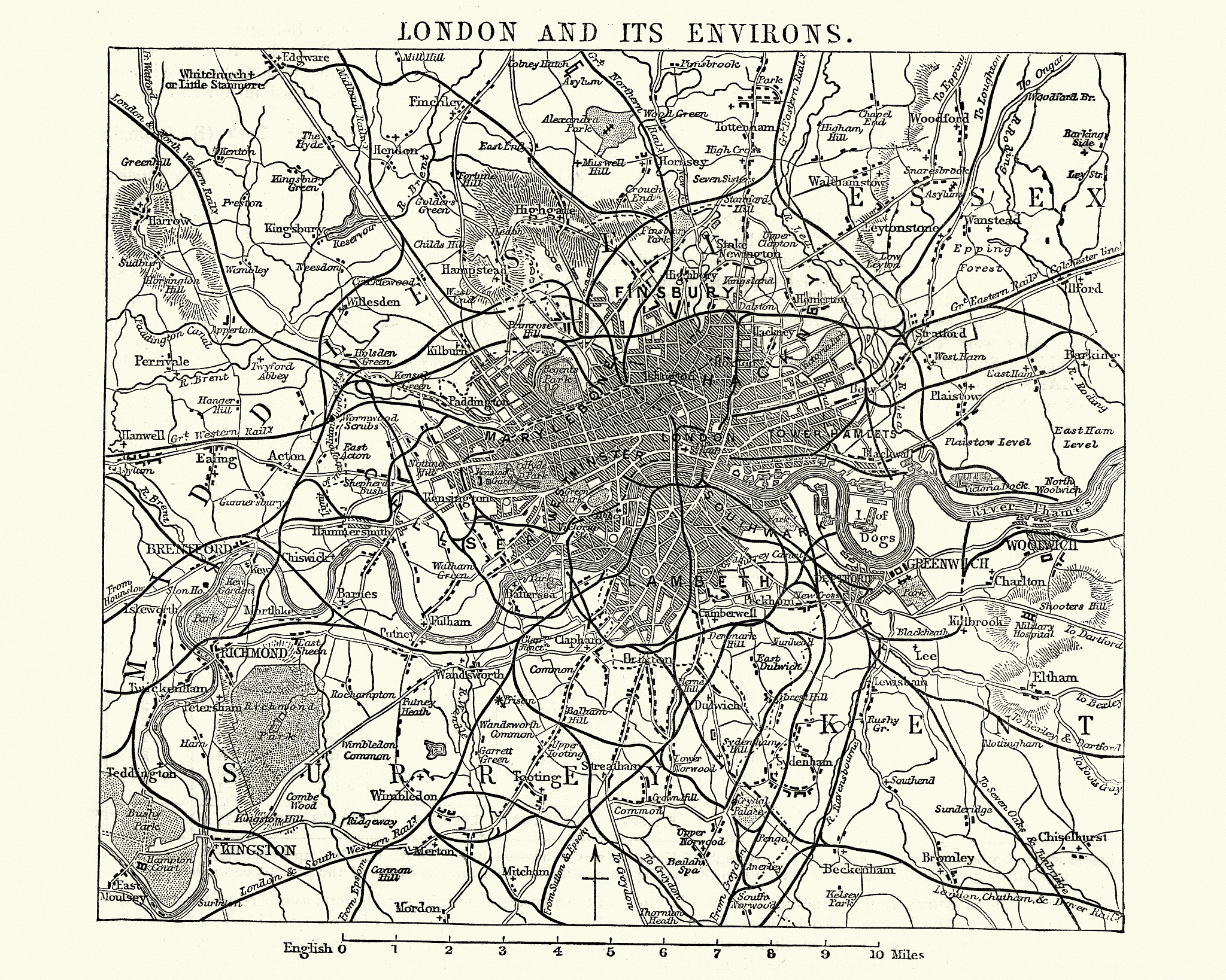 map of victorian london and its environs, england, 1870s