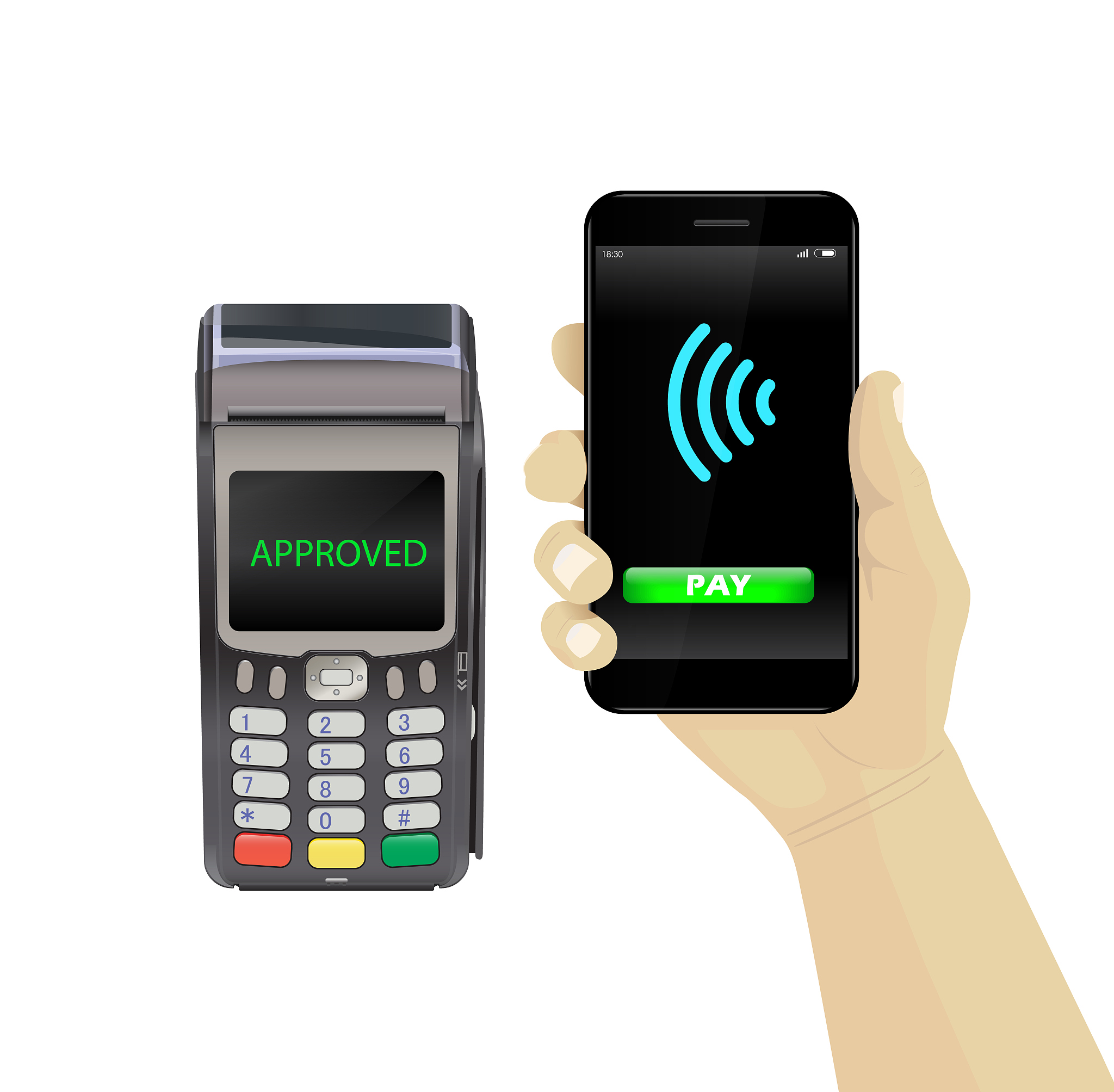 pos terminal with hand and smartphone. payment approved by smart