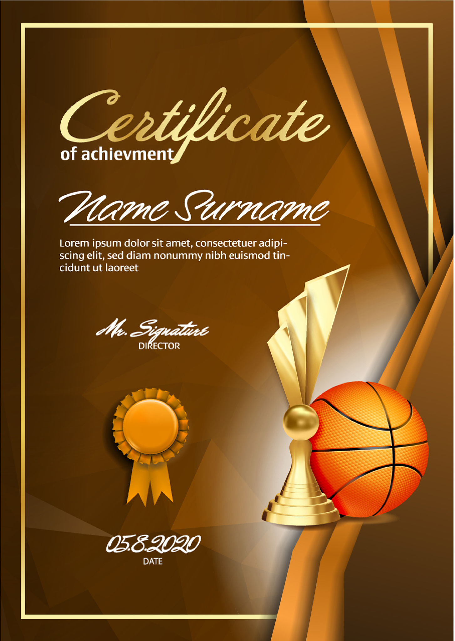 basketball certificate diploma with golden cup