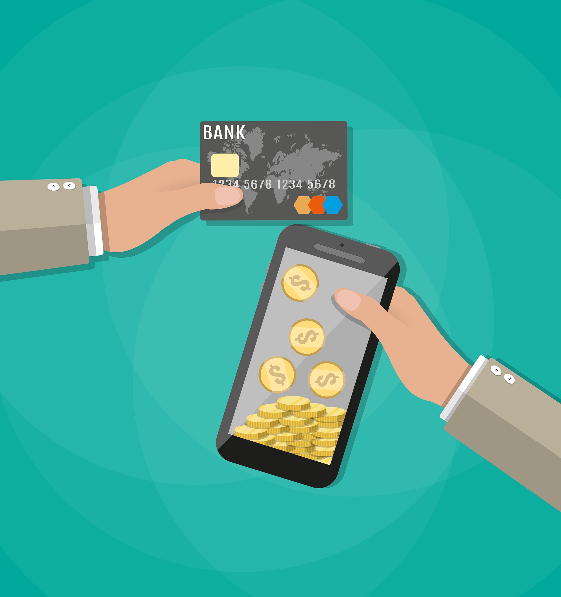 mobile phone with gold coins inside and bank card