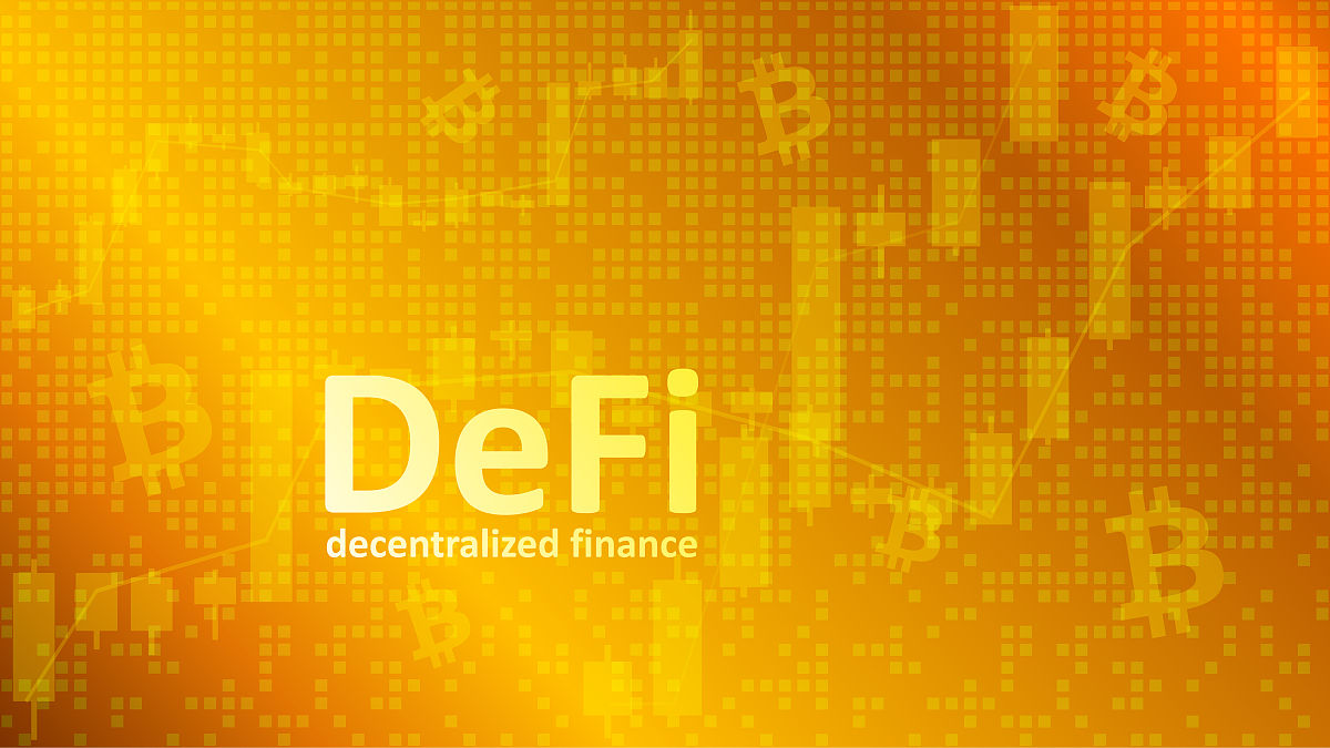 用图形和钱币符号在金色背景下定义去中心化金融.基于公共区块链的金