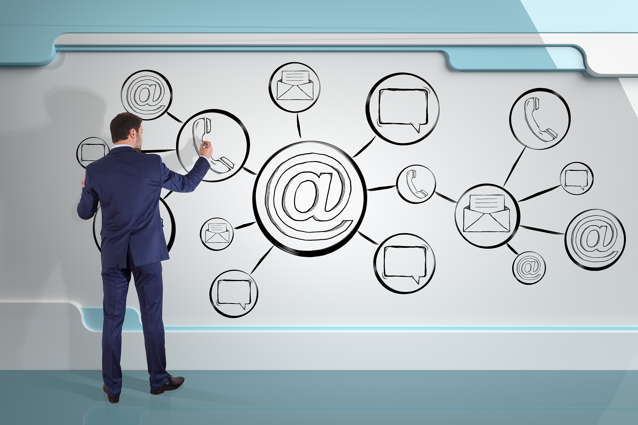 businessman drawing contact and internet sketch on a board 3d re