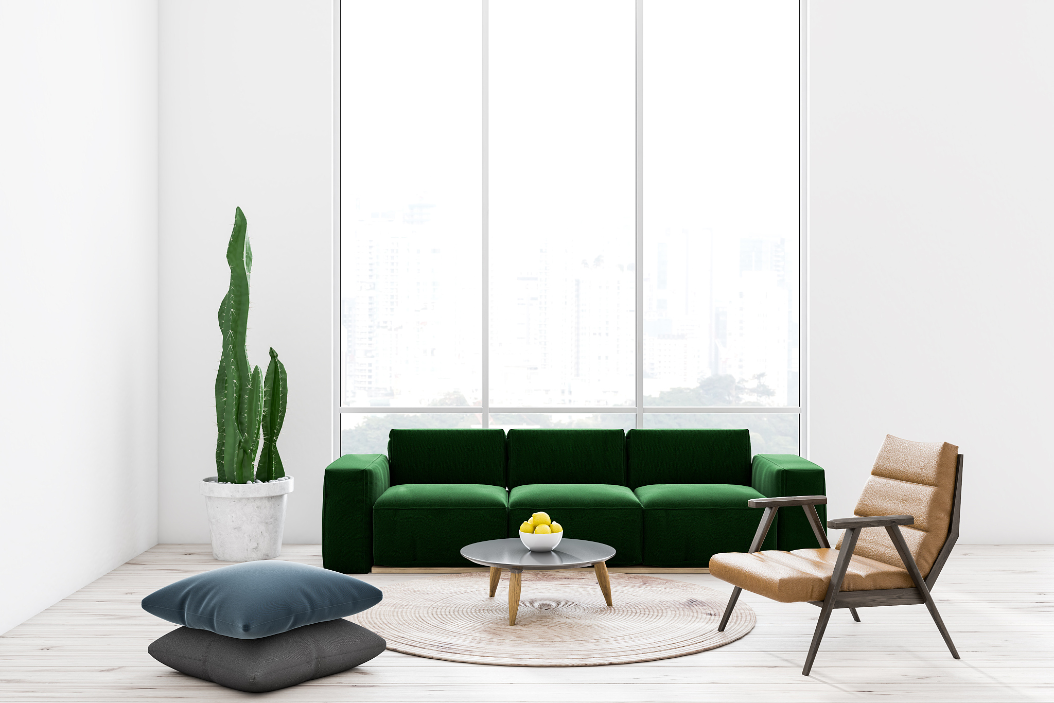 white living room, green sofa, window