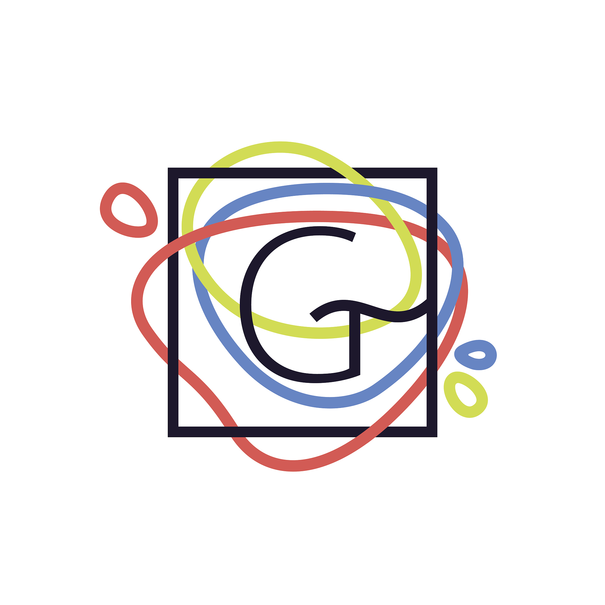 g letter icon in square frame at colorful line background.