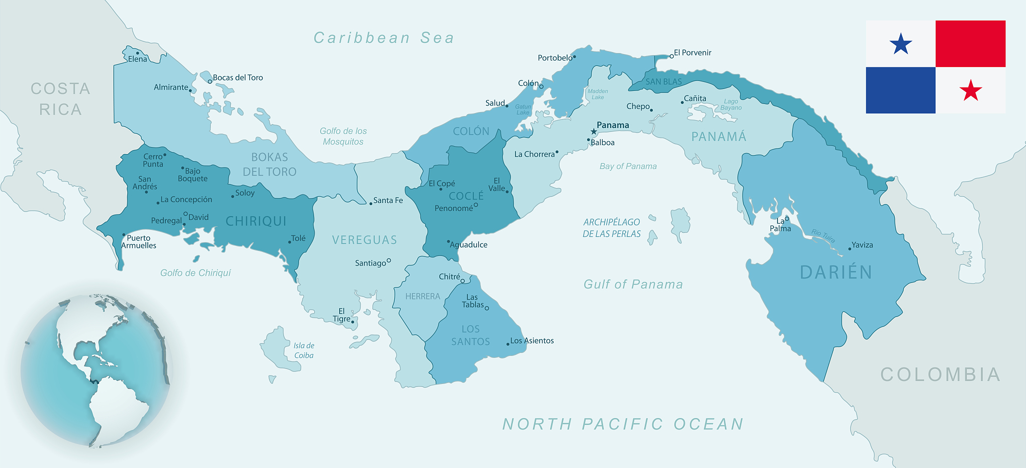 blue-green detailed map of panama administrative divisions with 