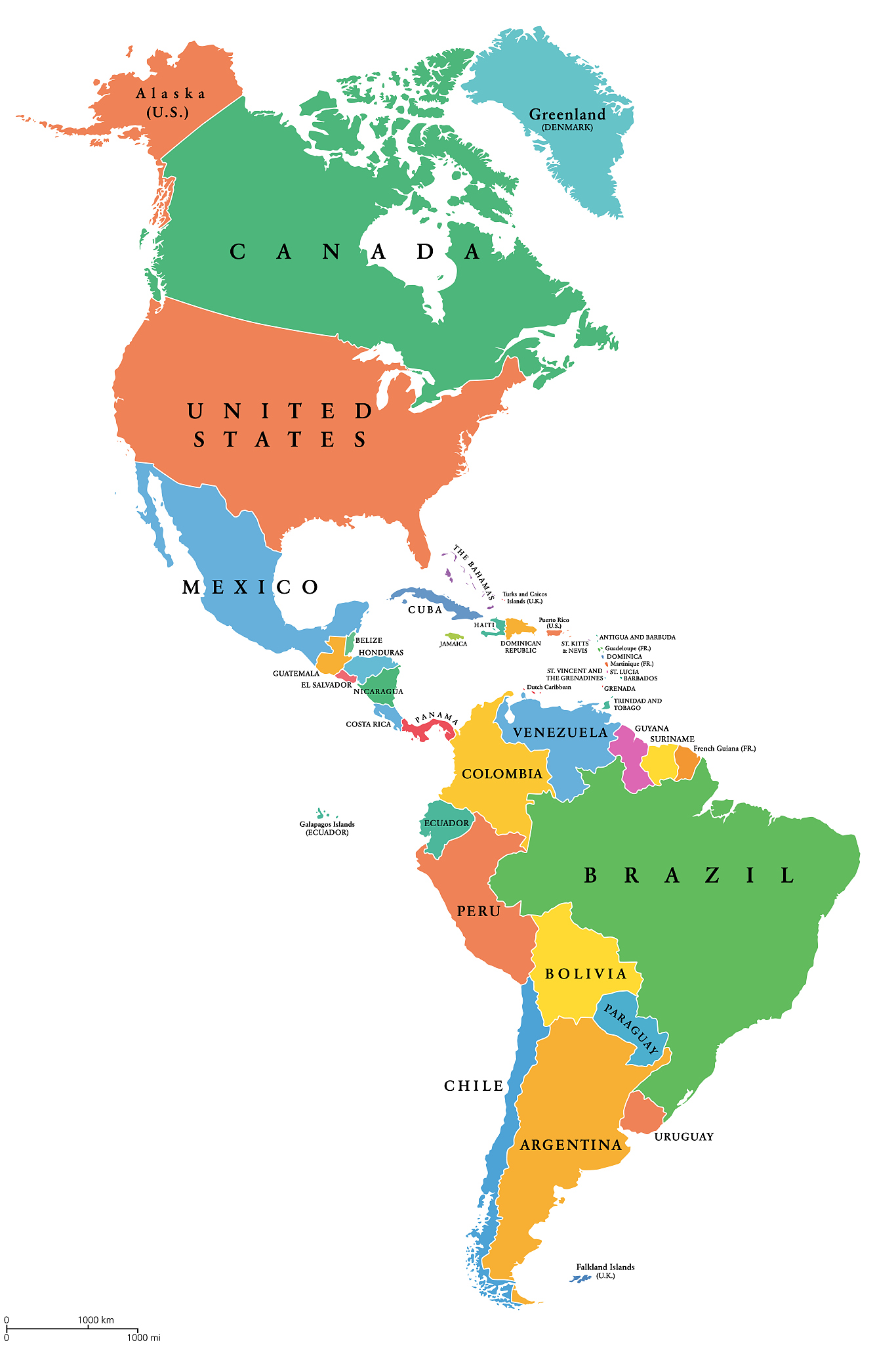 the americas, single states, political map with national borders
