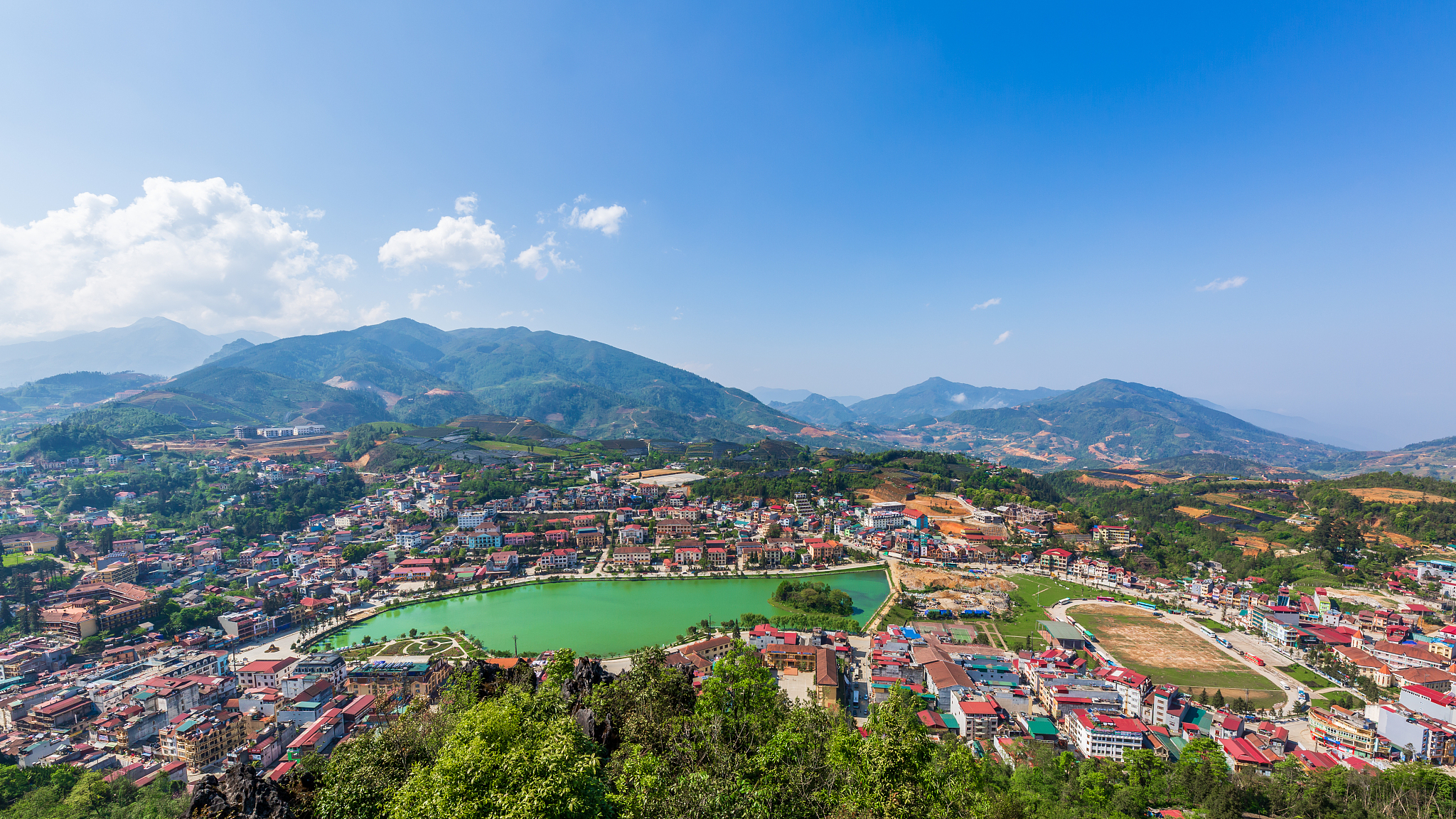 aerial view sapa city view from the top of mount hamrong in sapa