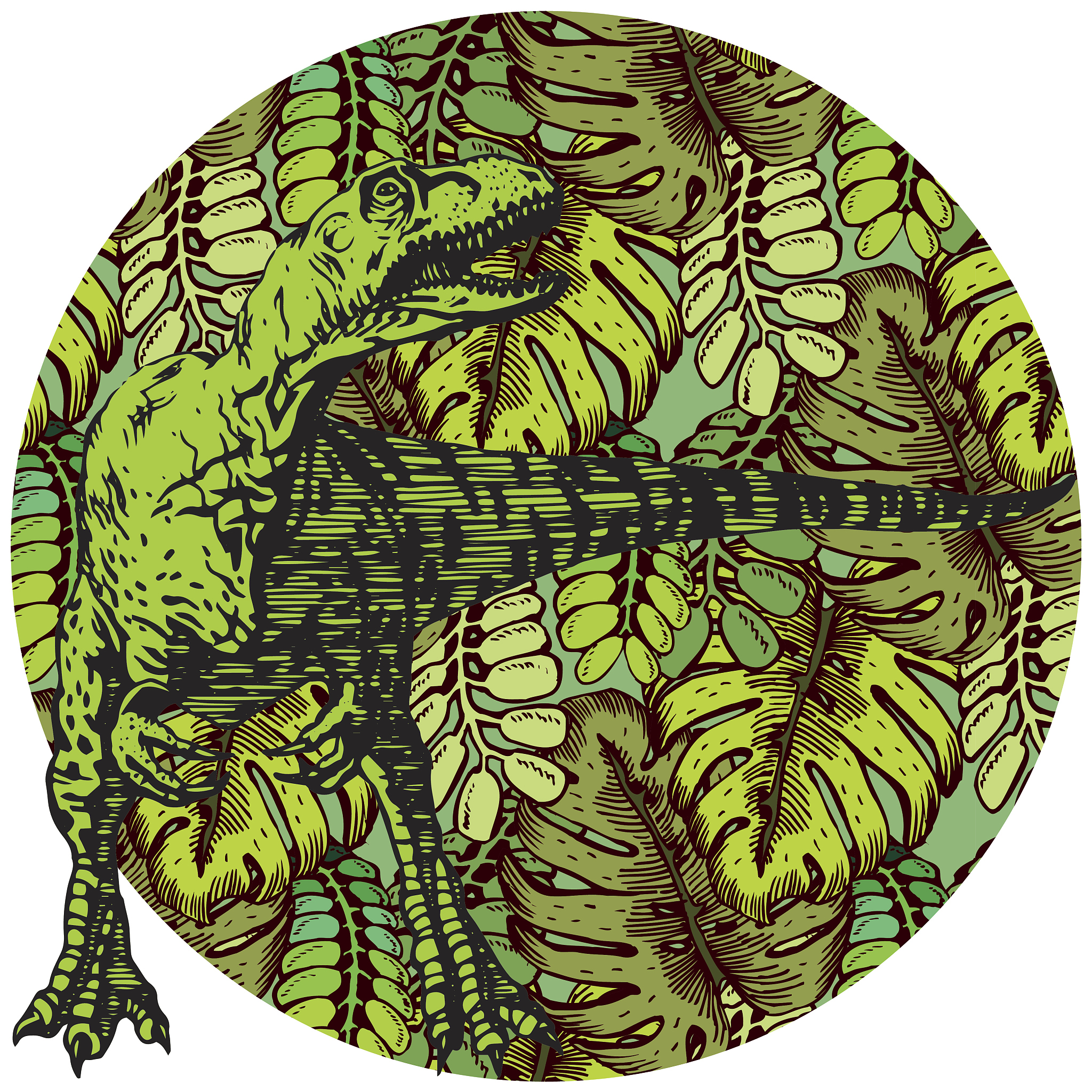 tropical plant pattern with dinosaur. tyrannosaurus. prehistoric