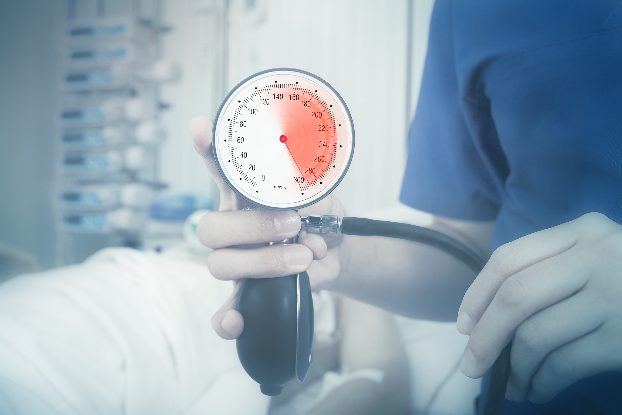 blood pressure gauge with marked red zone of high blood pressure