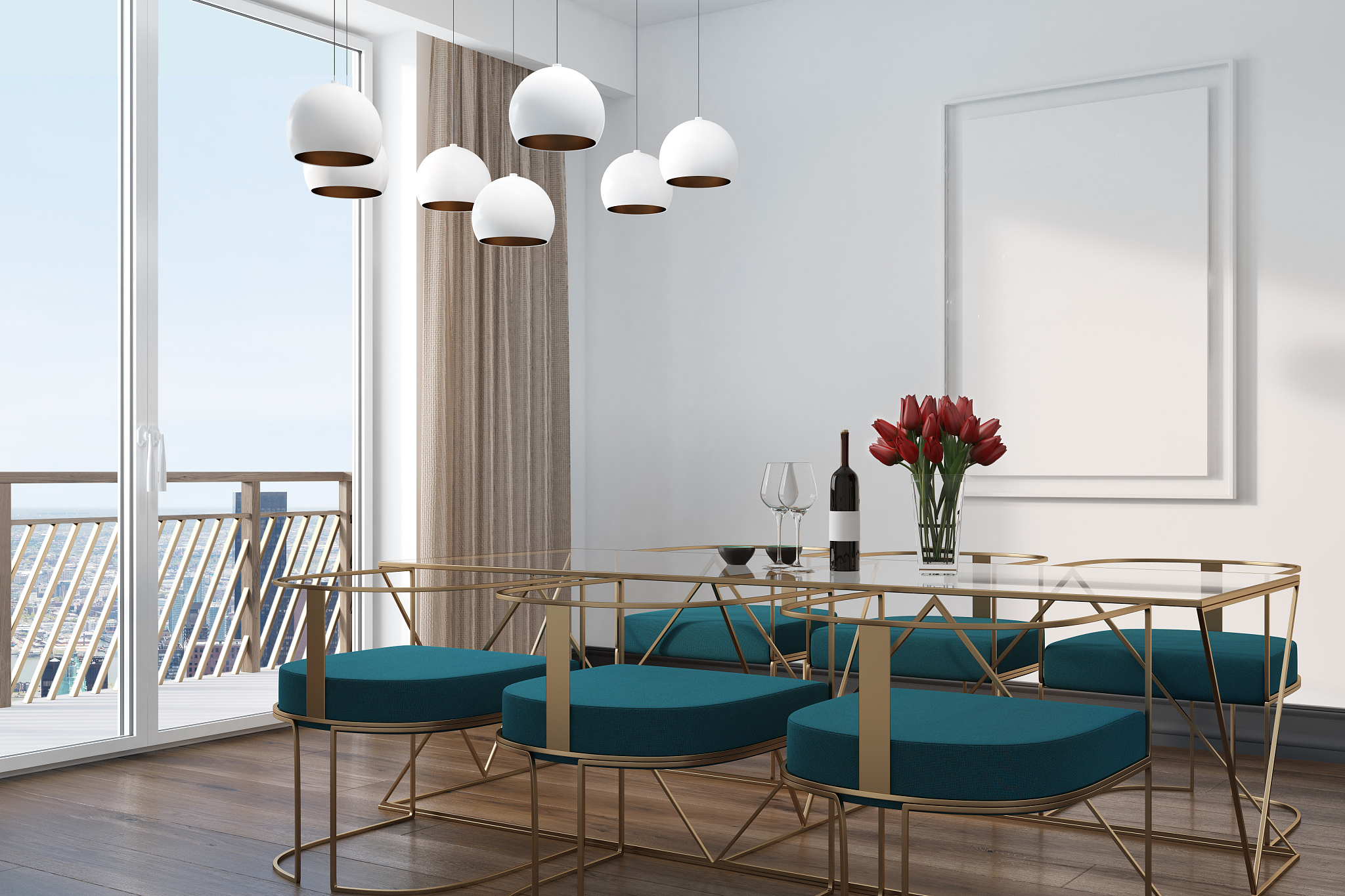 white cafe interior, blue chairs corner