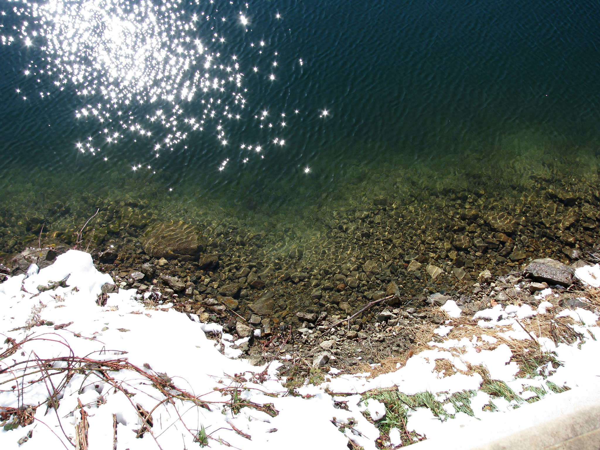 water of lake near coastline and snow