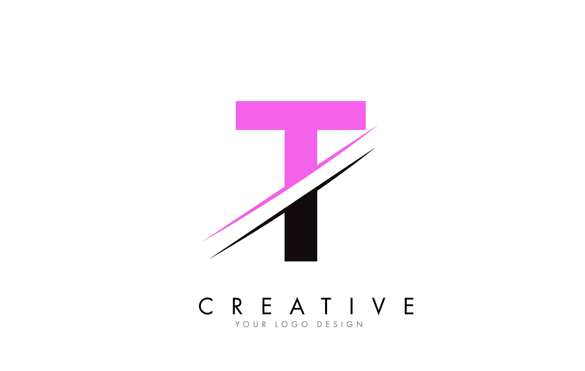 t letter logo design with a creative cut and pink