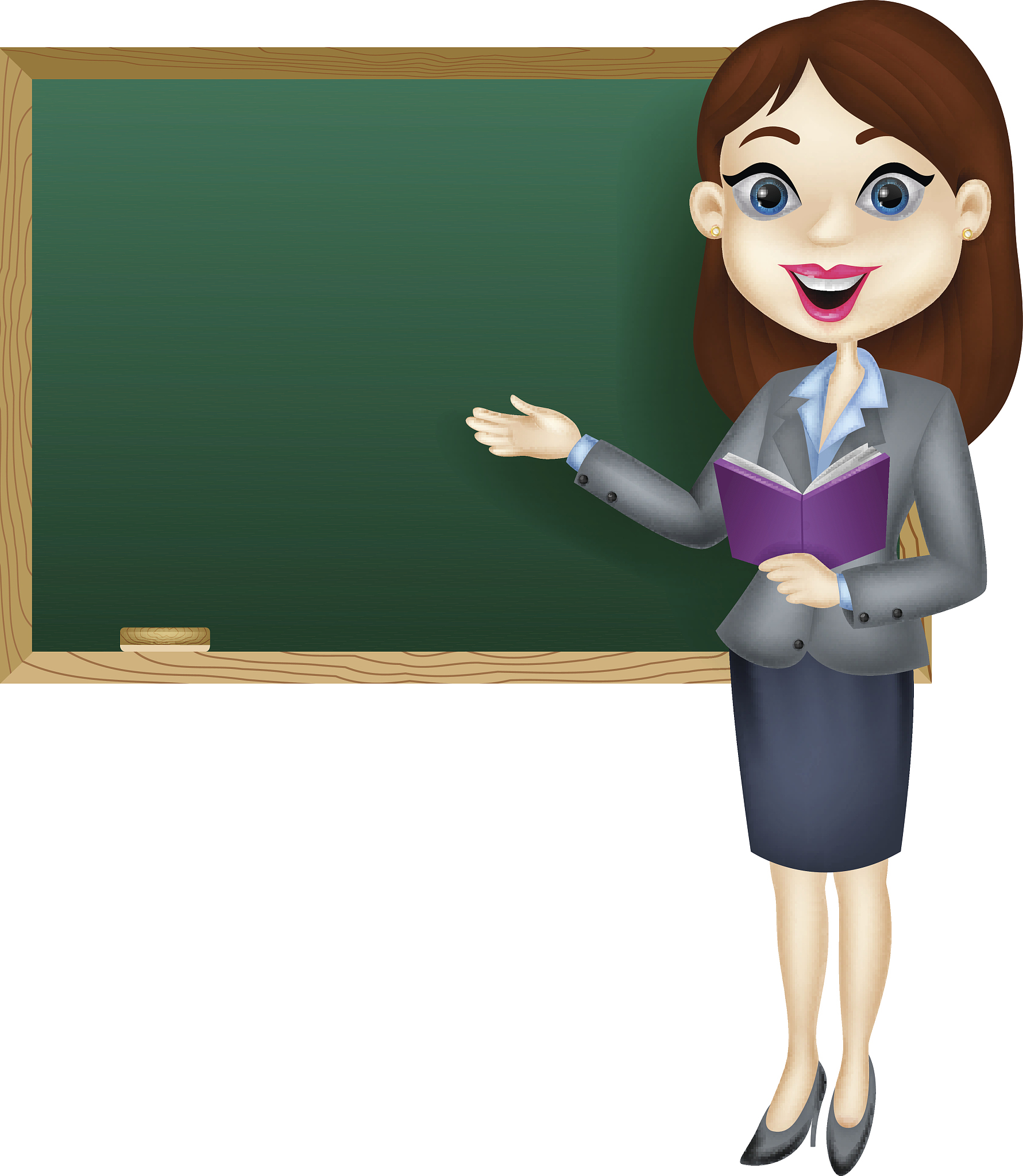 cartoon female teacher standing next to a blackboard