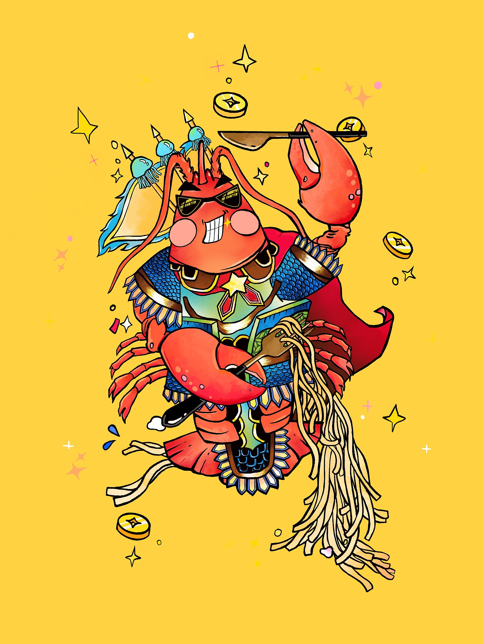 餐饮业门神 吉祥物年画 欢迎光临 龙虾海鲜  黄色背景有金币
