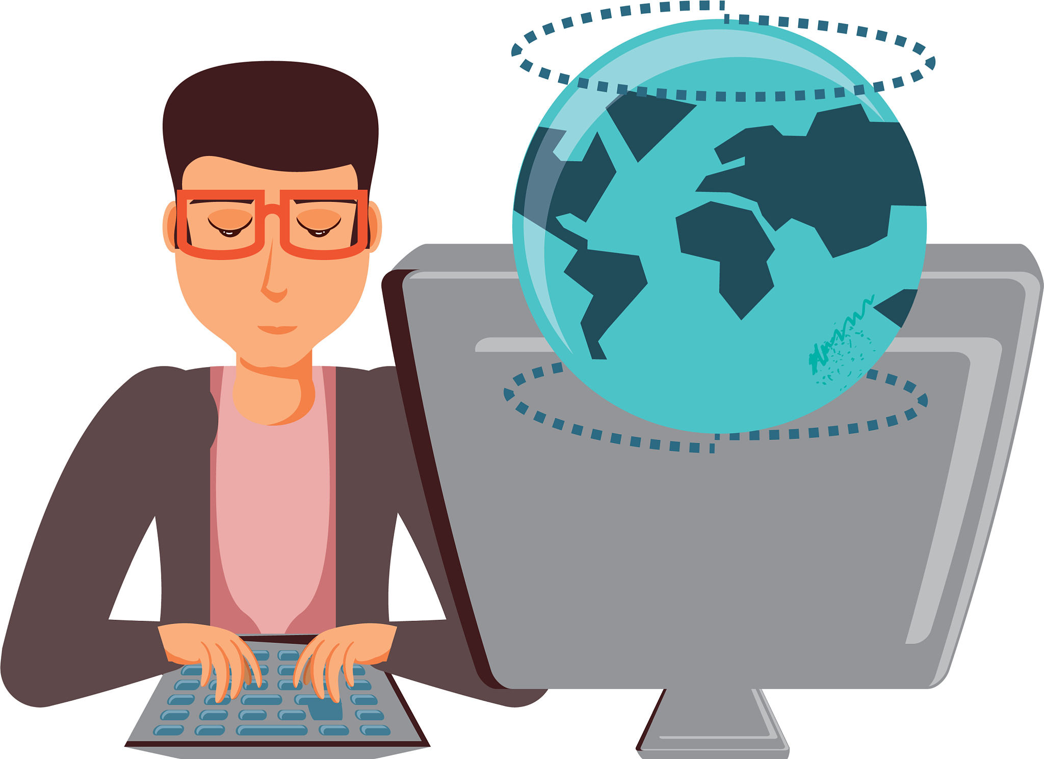 man with desktop computer and planet earth